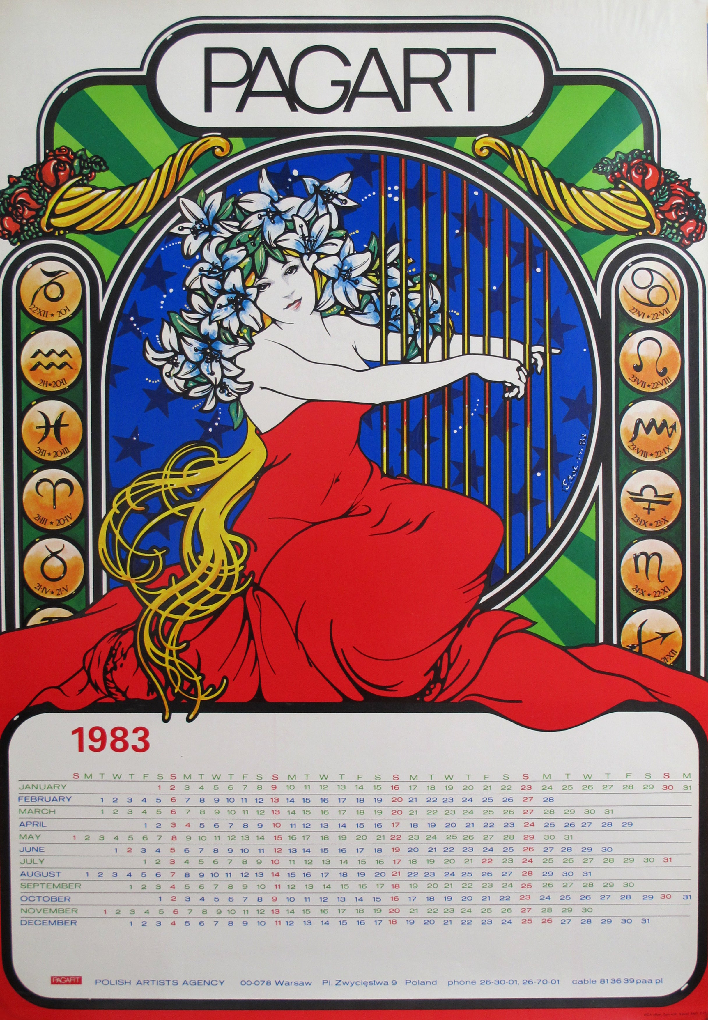 1983 Vintage Polish Poster with Calendar by PAGART - Retro Wall Art for Home & Office Decor