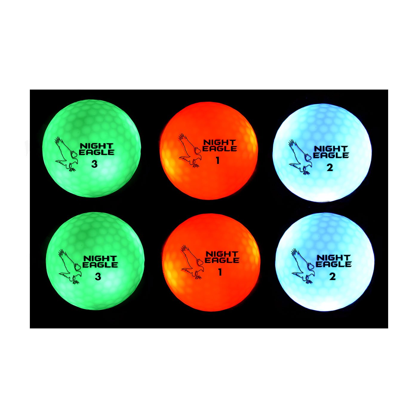 Night Eagle CV LED Golf Balls - Light Activated Glow in Dark Golf Balls - No Timer Needed - 6 Pack (2 Green, 2 Red, 2 Blue) - Perfect for Night Golf, Driving Range & Backyard Practice