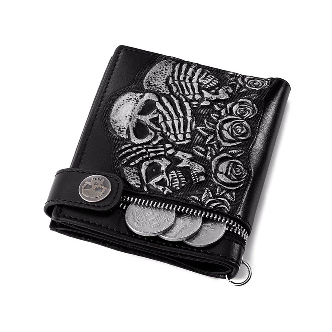 Men's & Women's PU Leather Skull Embossed Wallet with Snap Fastener - Slim Foldable Billfold Card Holder (Black) - Perfect for Everyday Use, Gifts & Gothic Fashion Accessories
