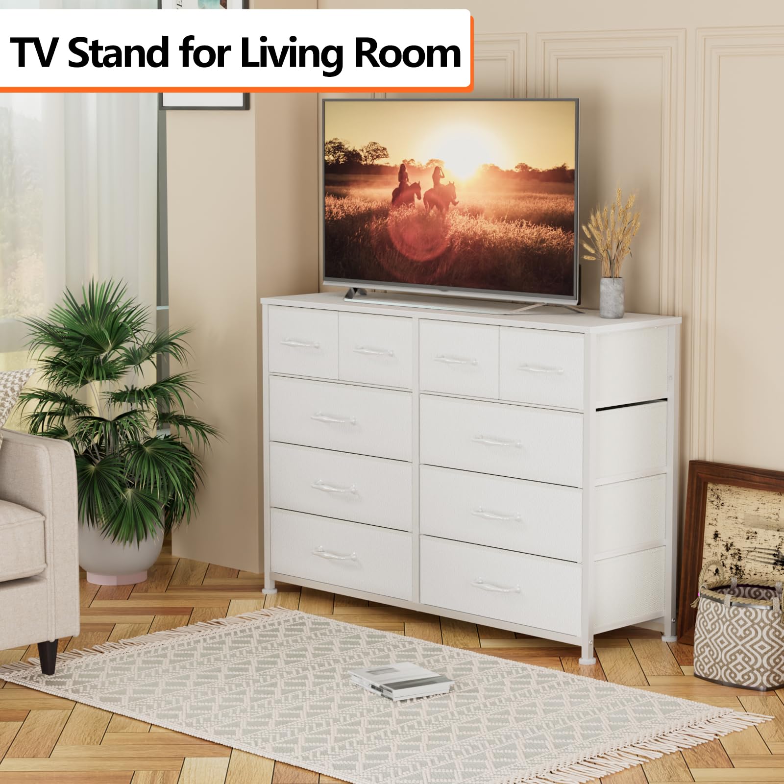 Furnulem White 55-Inch TV Stand Dresser - 10-Drawer Storage Cabinet with Sturdy Metal Frame for Bedroom, Living Room & Entryway | Perfect as TV Stand, Entertainment Center & Tall Storage Organizer