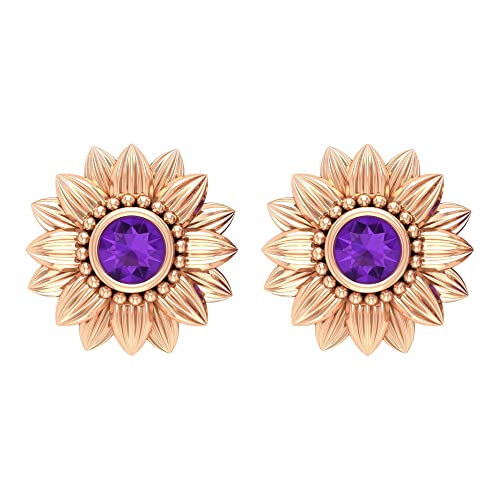 0.25 CT Amethyst Floral Stud Earrings for Women - 14K Solid Gold Bezel Set February Birthstone Earrings with Secure Screw Back - Perfect for Gifts, Valentine's Day & Everyday Elegance