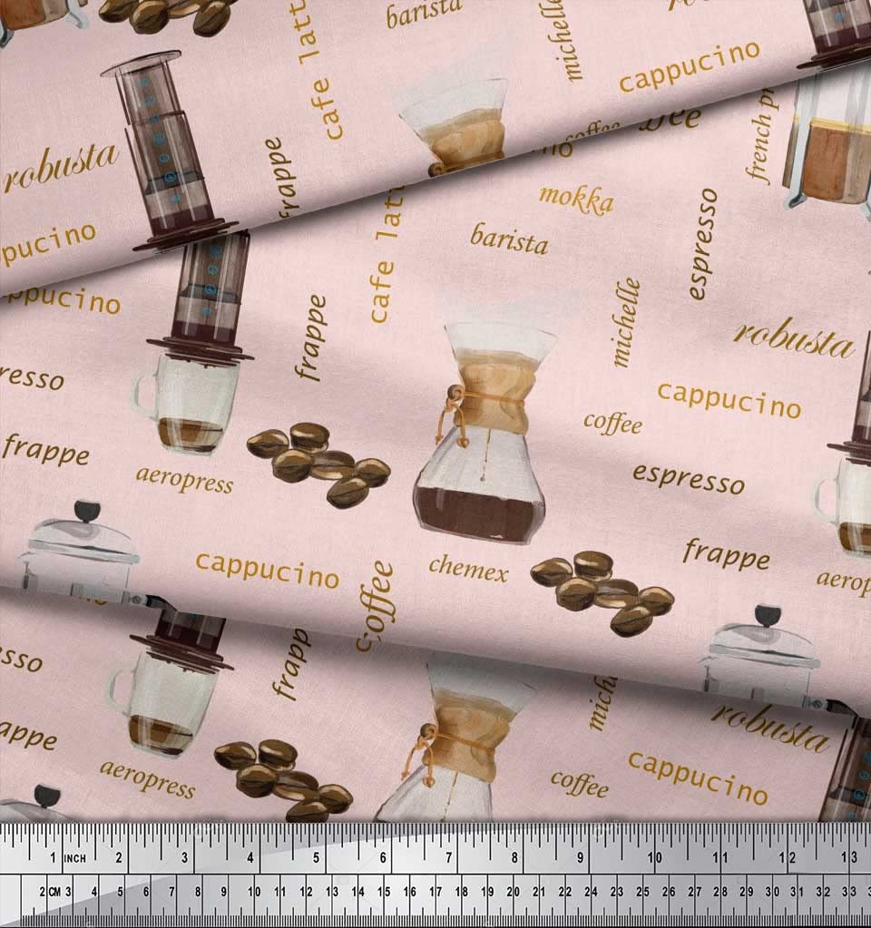 Soimoi 100% Cotton Voile Fabric - Pink Printed Material by The Yard, 56 Inch Wide - Perfect for DIY Dresses, Curtains & Home Decor - Caffeine Lovers Coffee-Themed Textile for Kitchen Accessories & Craft Projects
