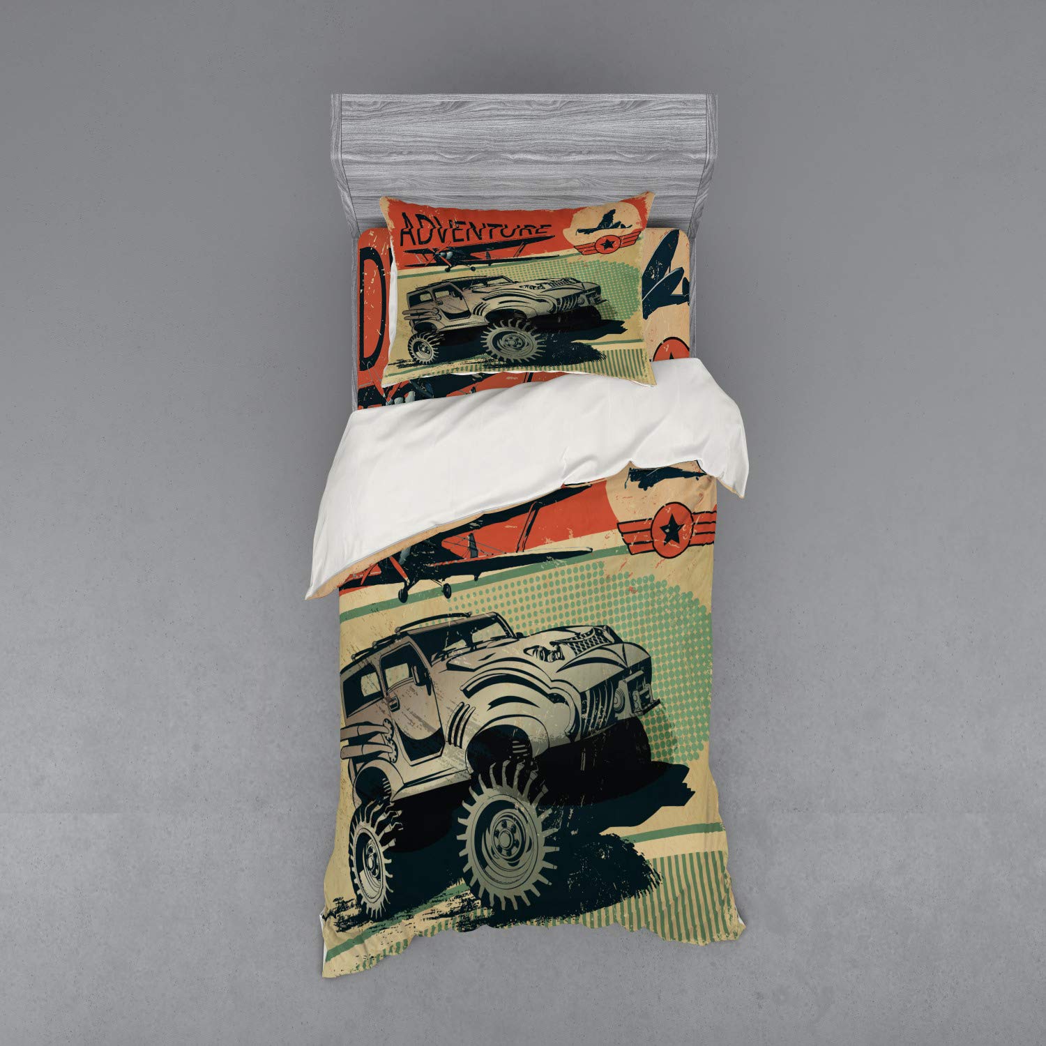 Ambesonne Adventure Bedding Set - Vintage Damaged Display with Retro Vehicles & Airplanes Print, 3-Piece Duvet Cover Set with Sham & Fitted Sheet, Twin XL Size, Tan Orange Green | Perfect for Boys' Room, Adventure Themed Bedroom & Travel Enthusiasts