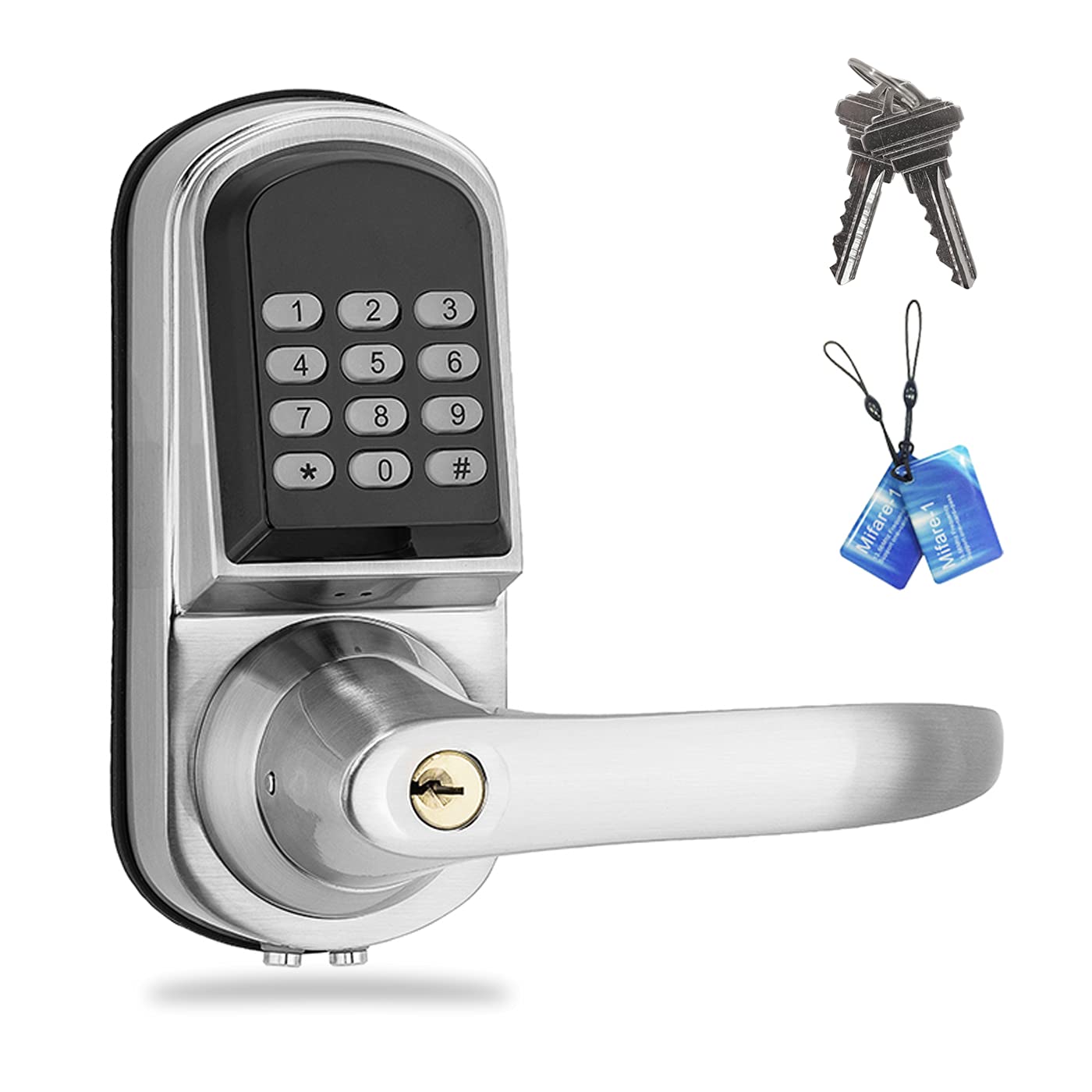 Smart Keypad Door Lock with Handle - Auto-Locking Digital Deadbolt for Front Doors | Keyless Entry with PIN Code & RFID FOB Cards | Right-Handed Satin Nickel Finish | Perfect for Home Security & Vacation Rentals