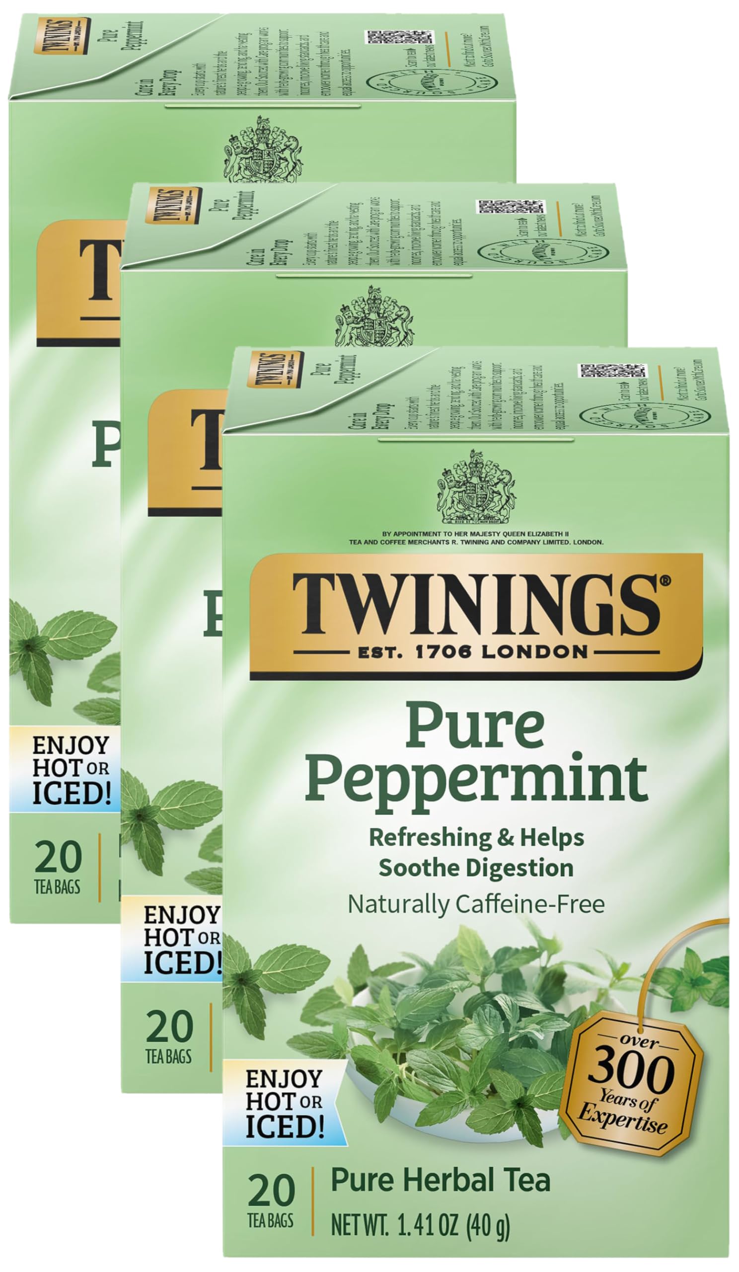 Twinings Pure Peppermint Herbal Tea Bags - 60 Tea Bags (3x20 Count) | Caffeine-Free, Natural Mint Flavor | Perfect for Relaxation, Digestion & Stress Relief