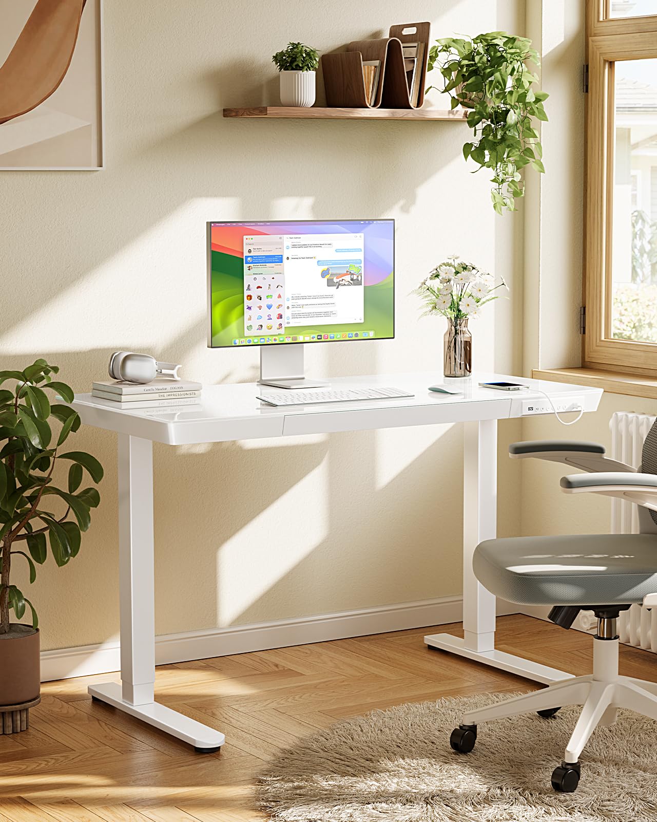 Marsail 48 x 24 Inch Electric Height Adjustable Standing Desk with Drawer Storage, USB Charging Ports & One-Piece Tabletop - White | Ergonomic Sit Stand Desk for Home Office, Gaming & Workspace