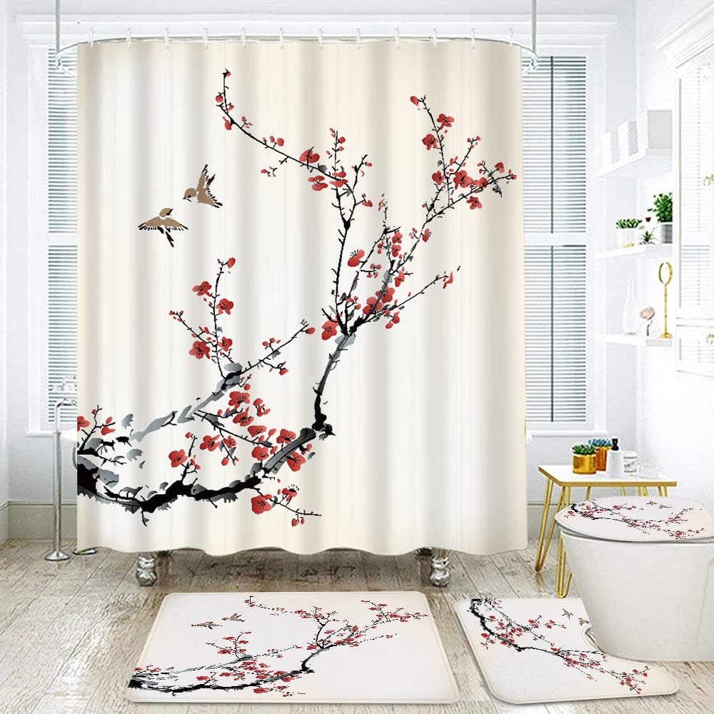 4 Pcs Cherry Blossom Shower Curtain Set with Rugs - Japanese Asian Style Bathroom Decor, Waterproof Shower Curtain with 12 Hooks, Durable Bathroom Set Featuring Sakura & Bird Painting - Perfect for Modern, Zen, or Asian-Themed Bathrooms