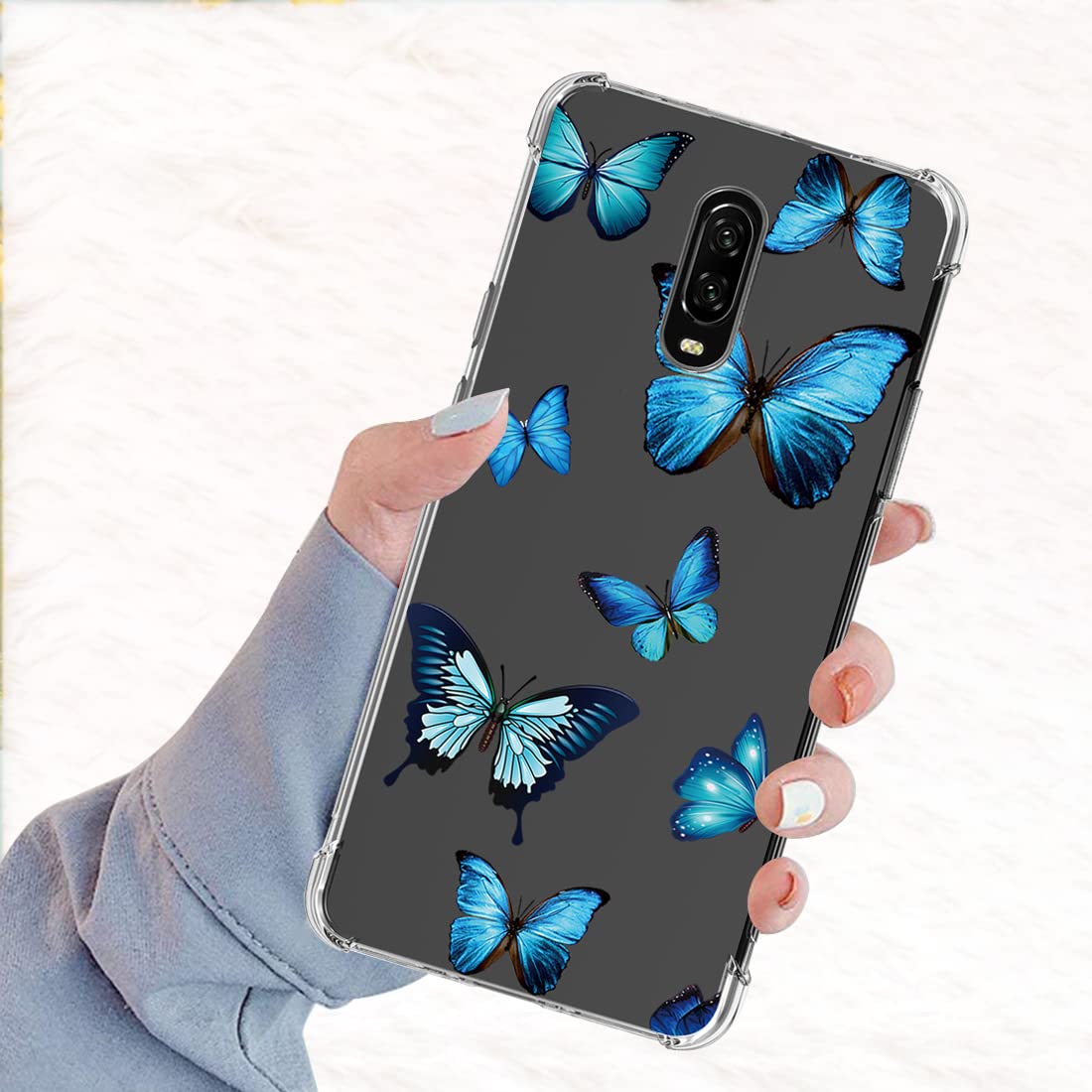 Cute Clear Slim Shockproof TPU Case for OnePlus 7 GM1901 & OnePlus 6T A6010 - Blue Butterfly Pattern Soft Flexible Rubber Protective Phone Cover for Women | Perfect for Everyday Use, Work & Travel
