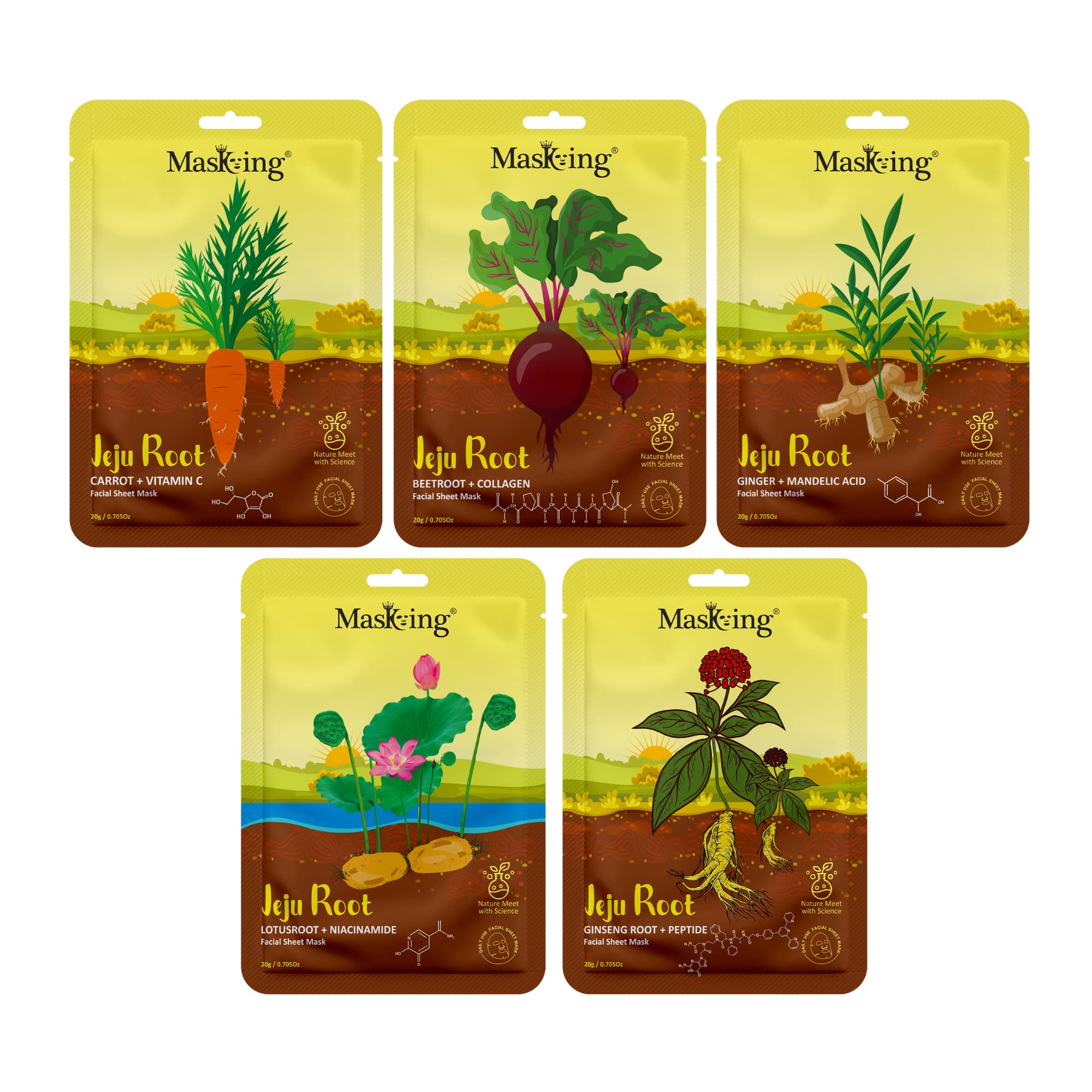 Jeju Root Face Sheet Mask for Skin Soothing & Inflammation Relief - Hydrating & Calming Facial Mask for Women & Men (Pack of 5) - Perfect for Sensitive Skin Care & Post-Sun Treatment