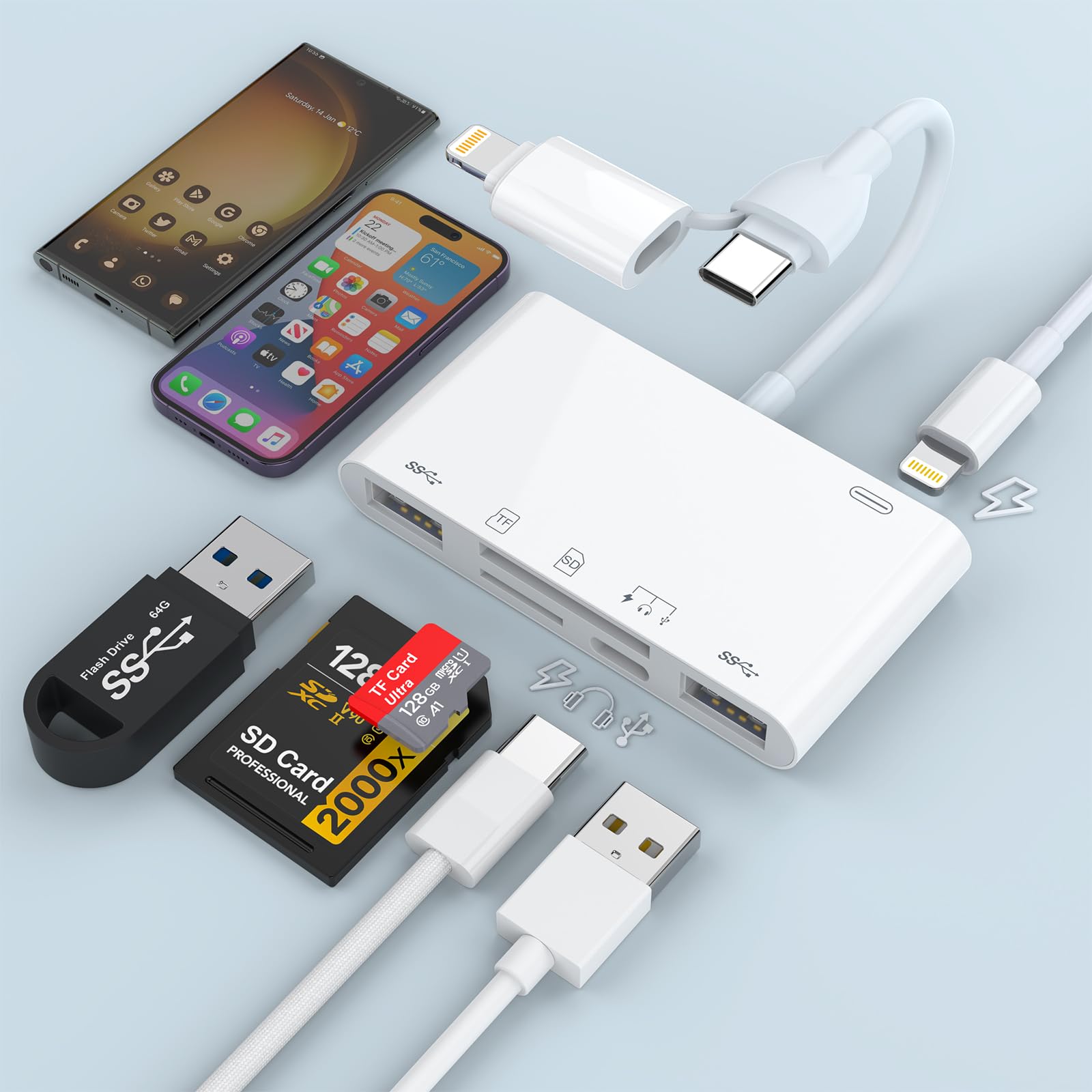 8-in-1 Lightning to USB Adapter for iPhone 15/14/13/12 & iPad - SD/TF Card Reader, Type C Audio, PD60W Fast Charging, 2 USB OTG Ports - Plug & Play for Samsung & Apple Devices - Perfect for Travel, Photography & Data Transfer