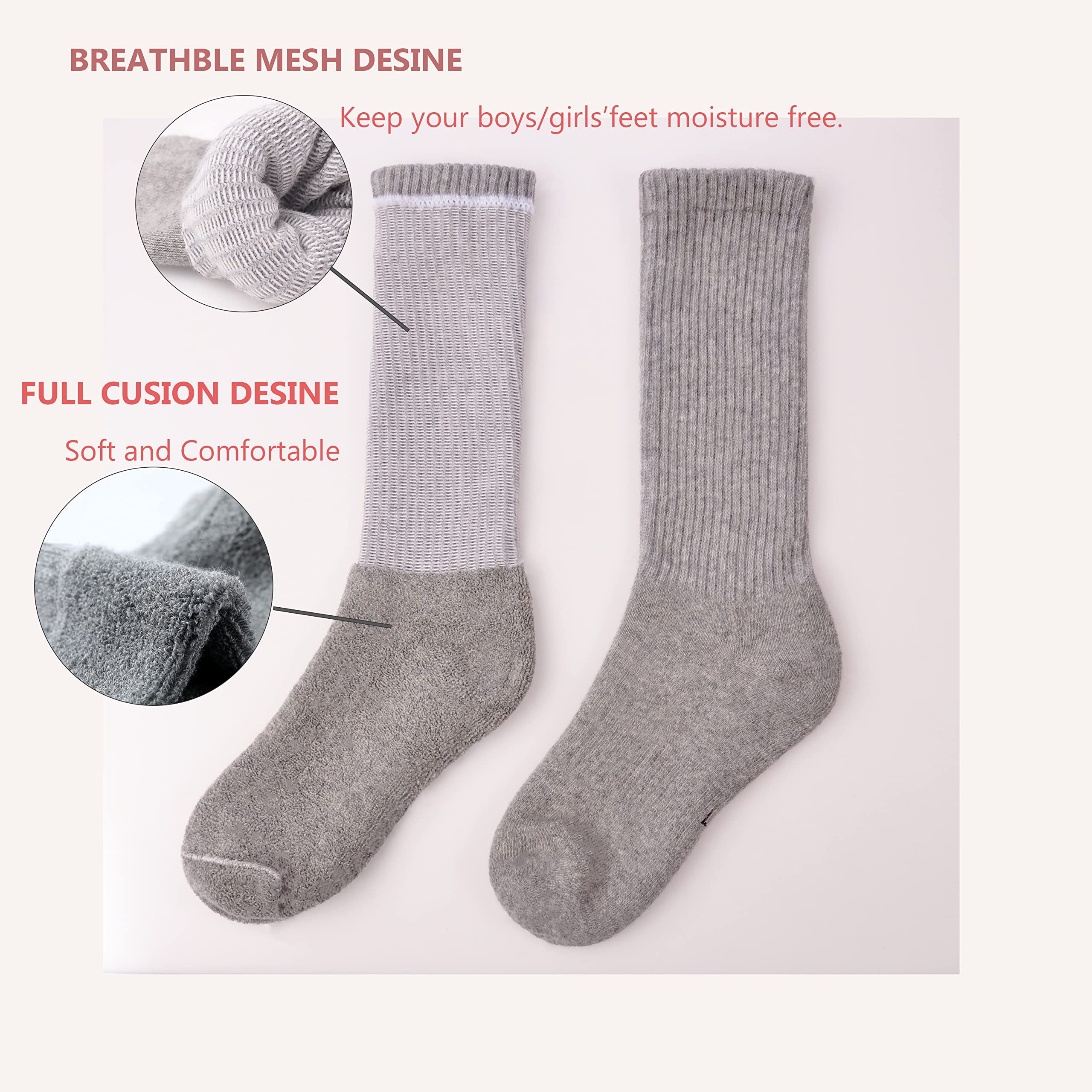 Marchare Boys & Girls Athletic Running Socks - 6 Pack Cushioned Crew Socks for Kids, Thick Cotton Comfort, Black/White - Perfect for Sports, School & Daily Activities
