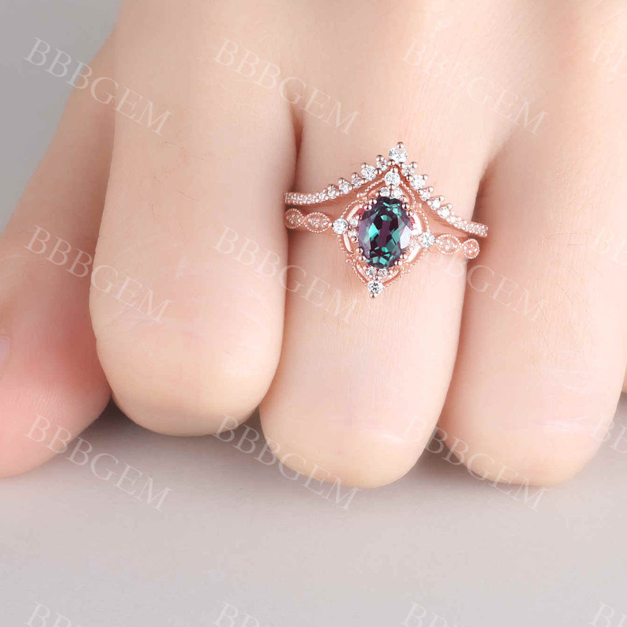 Rose Gold Alexandrite Bridal Ring Set with Oval Cut 6x8mm Diamond & V-Shape Matching Band - Milgrain Filigree Engagement Ring for Women | Perfect for Proposals, Weddings & Anniversary Gifts