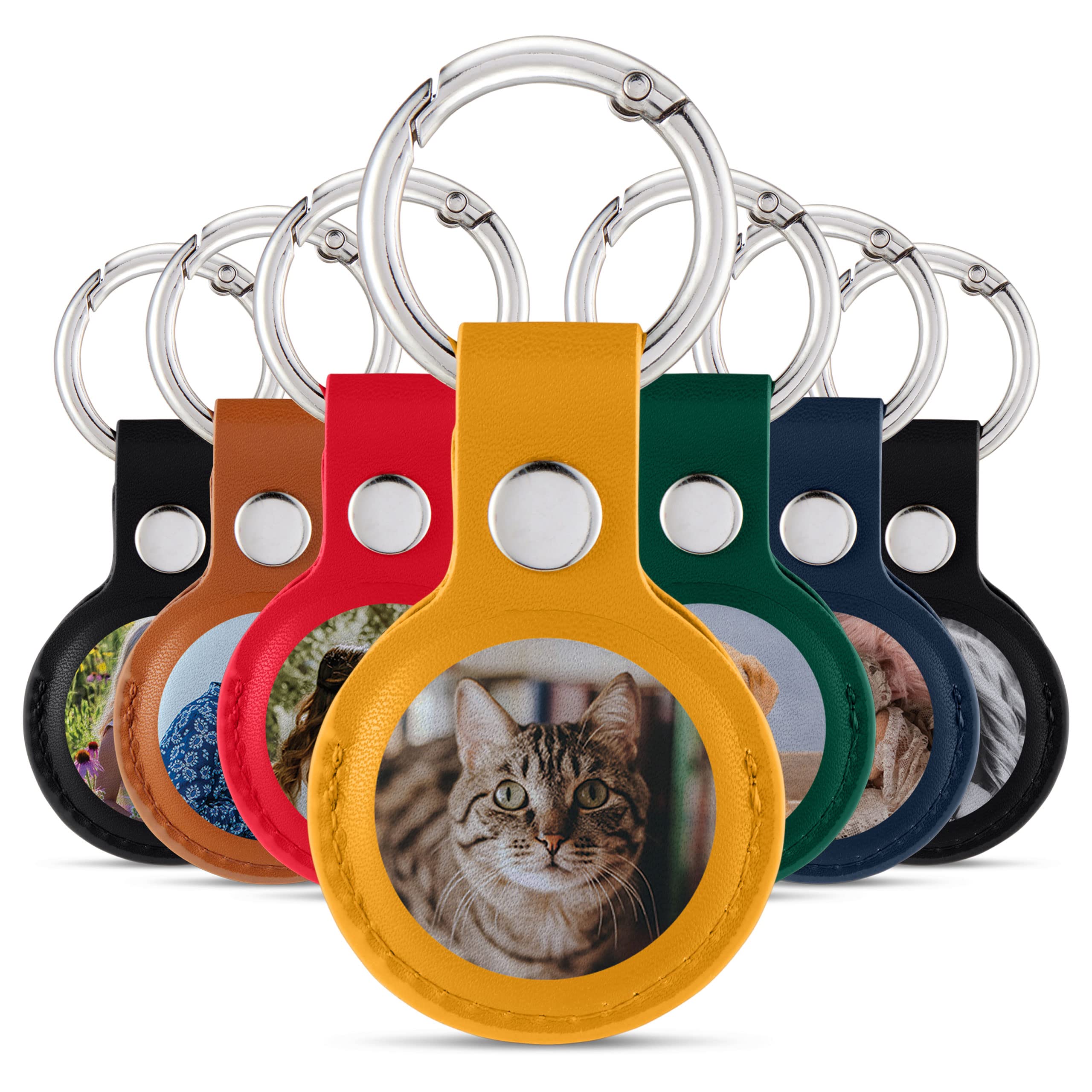 Personalized Custom Photo Leather AirTag Keychain Holder - Compatible with Apple AirTag, Circle Photo on Yellow Background - Perfect for Keys, Wallets & Luggage Tracking