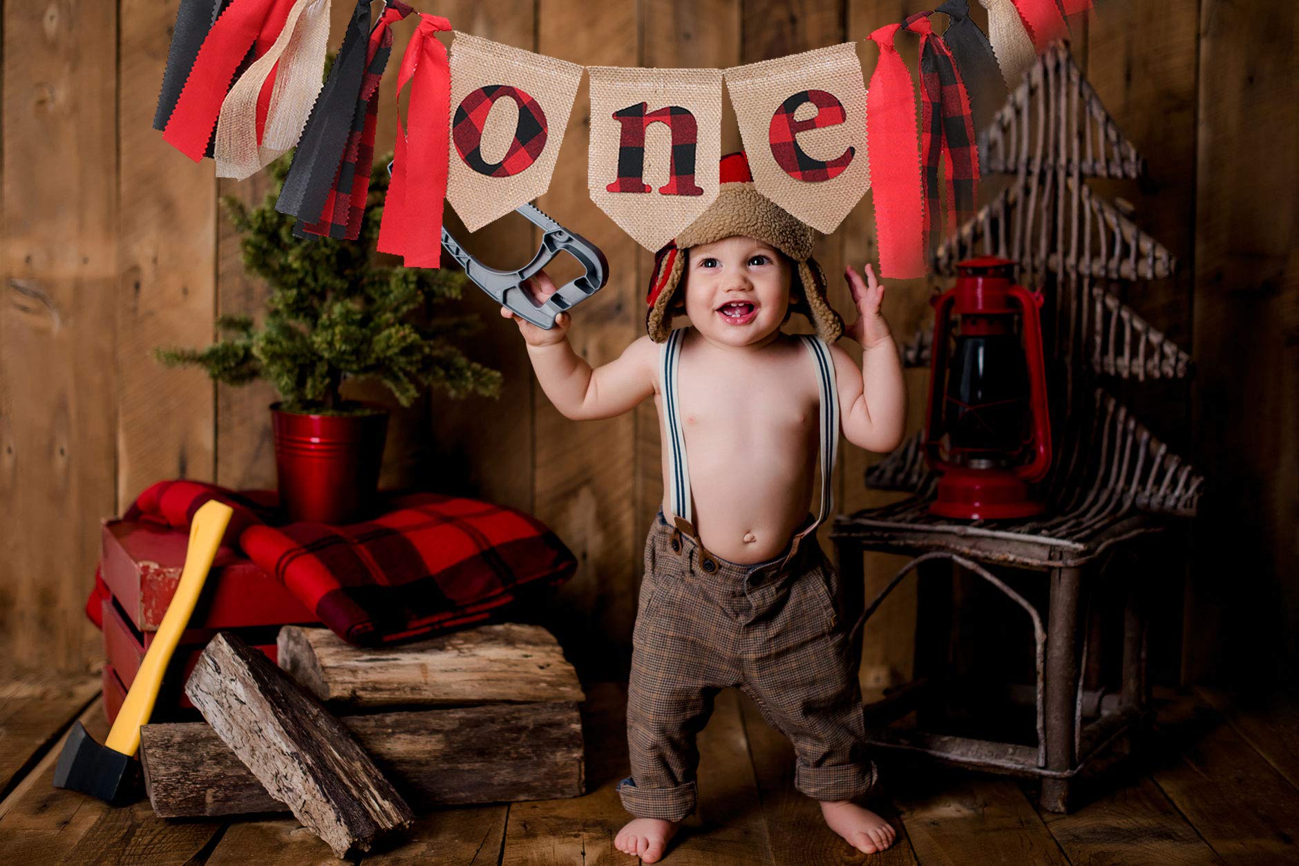Lumberjack Birthday Banner - Buffalo Plaid Photo Booth Backdrop for 1st Birthday, Woodland Party Decor, Cake Smash & Baby Shower Supplies | Perfect for Rustic Themed Parties and Outdoor Celebrations
