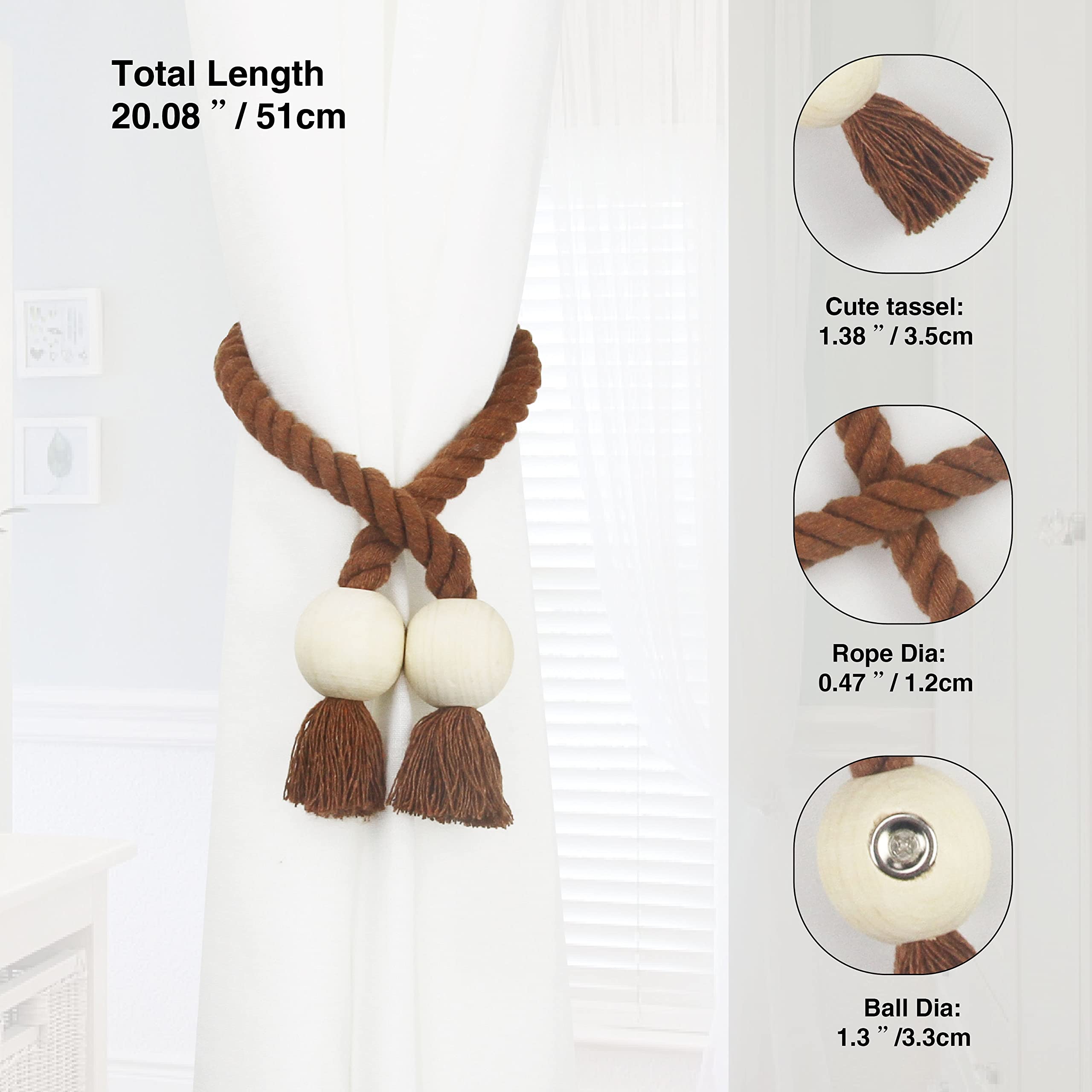 2 Pack Magnetic Curtain Tiebacks - Hand Woven Cotton Decorative Rope Holdbacks for Drapes & Curtains, No Tools Required, Khaki - Perfect for Living Room, Bedroom & Window Decor