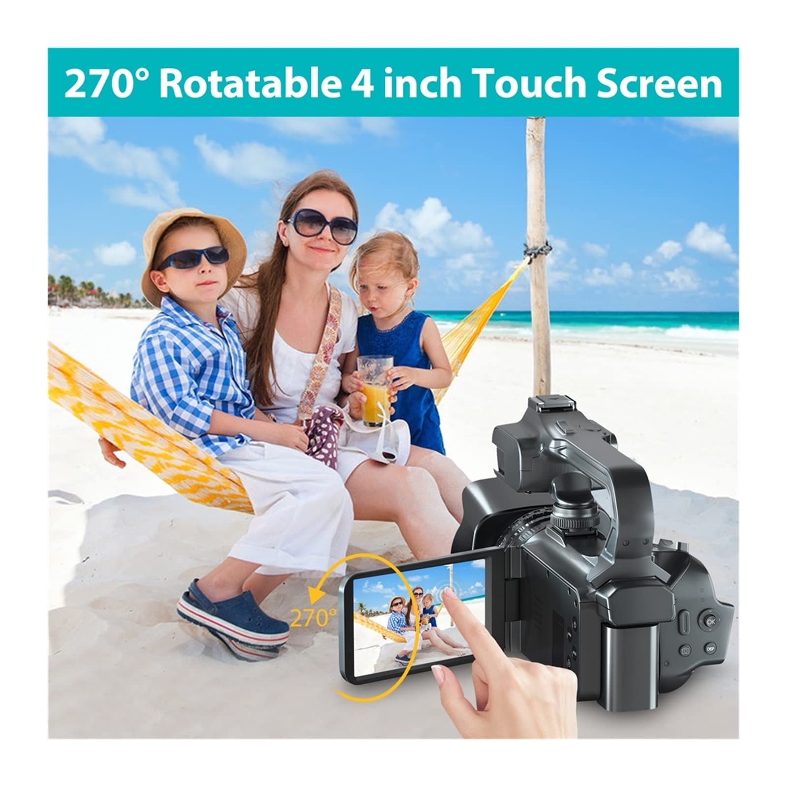 BODORME 64MP 4K Digital Camcorder with 18X Zoom - Rotating Touch Screen Webcam for Live Streaming, YouTube Vlogging & Video Recording (Includes 16GB SD Card & LED Light MIC) - Perfect for Home Studio, Online Classes & Content Creation