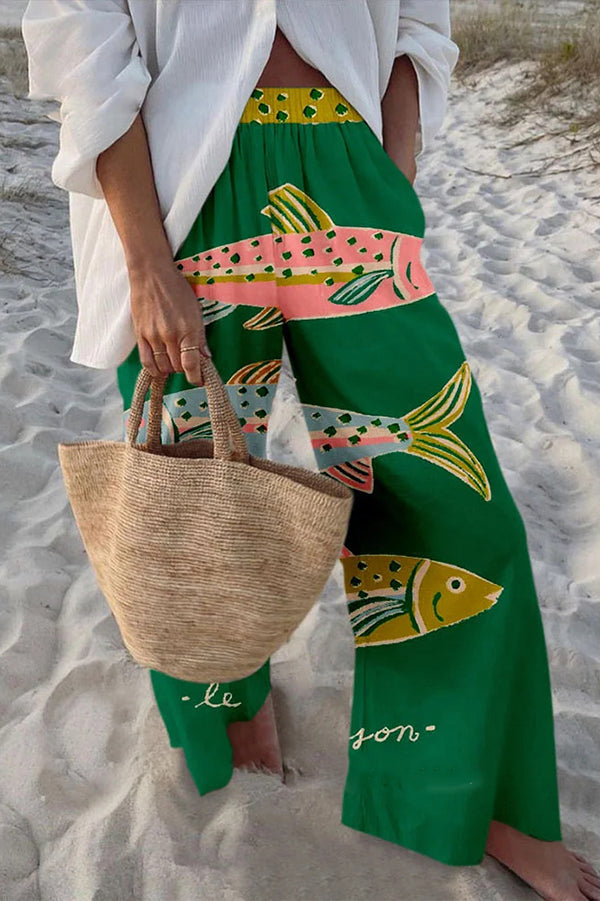 Stylish Marine Print Elastic Waist Loose Pocket Pants for Women - Comfortable Beachwear & Casual Summer Outfits