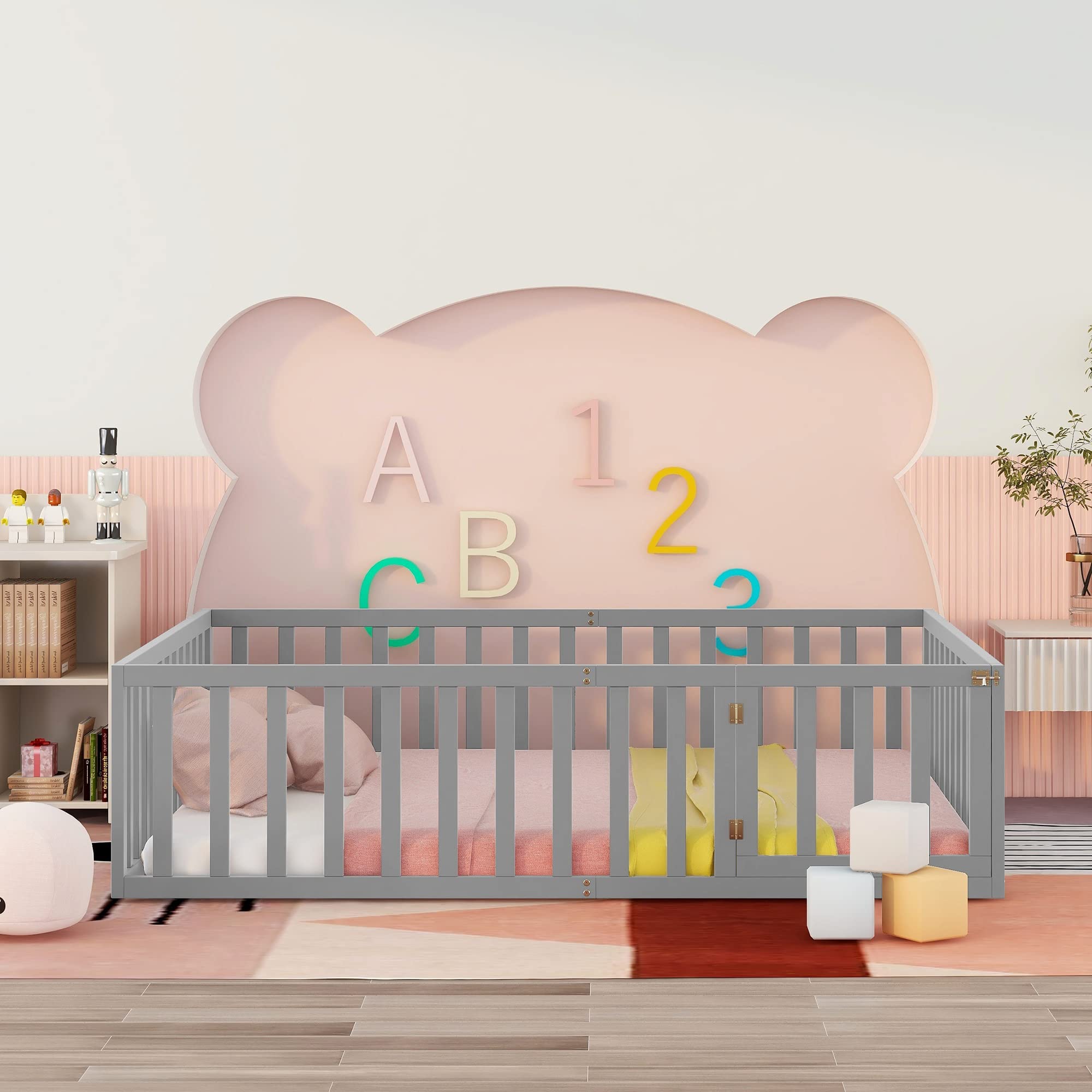 Harper & Bright Designs Queen Size Montessori Floor Bed with Safety Fence - Solid Wood Platform Bed Frame for Kids, Boys & Girls - Gray - Perfect for Child's Room, Playroom & Montessori Learning Spaces