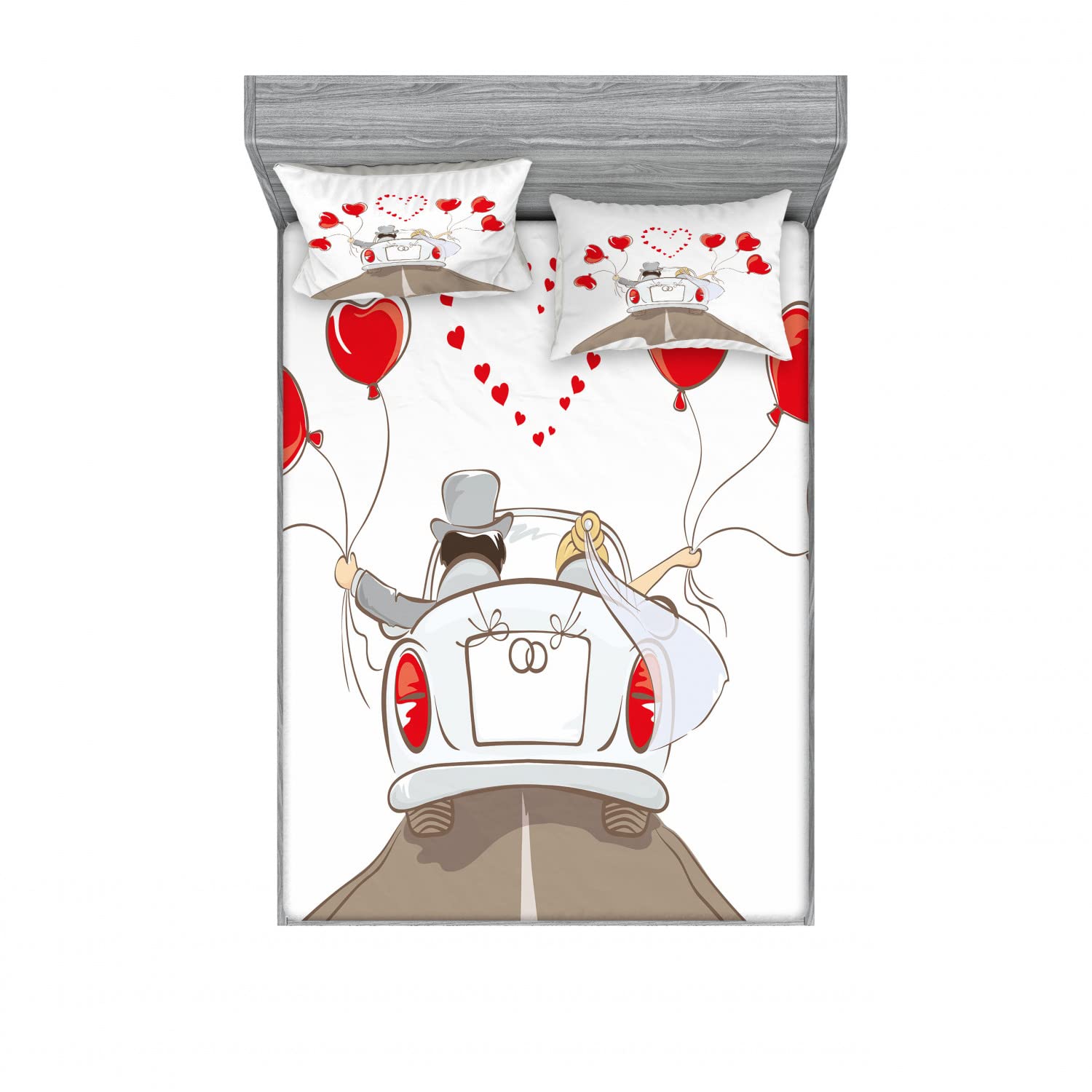 Ambesonne Romance 2-Piece Queen Size Bedding Set - Newlywed Couple in Car Design Fitted Sheet & Pillow Sham (Red Taupe White) | 4-Pc Bedroom Decor for Couples | Perfect for Honeymoon Suite, Anniversary Gift or Romantic Bedroom Makeover