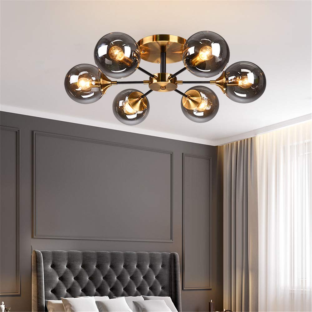RUNNUP Mid-Century Modern 6-Light Glass Orb Chandelier - Brass Semi Flush Mount Ceiling Light Fixture with Radial Design for Kitchen, Dining Room, Living Room - Perfect for Contemporary Home Decor & Ambient Lighting