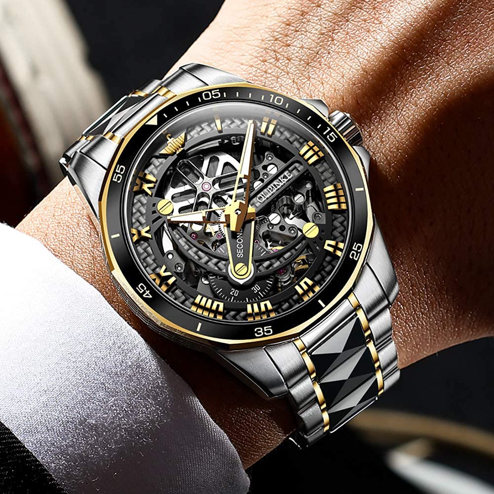 OLEVS Automatic Skeleton Men's Luxury Watch - Mechanical Self-Winding Sapphire Crystal Tungsten Steel Wristwatch - 50M Waterproof & Luminous - No Battery Needed - Perfect for Business, Formal Events & Everyday Wear