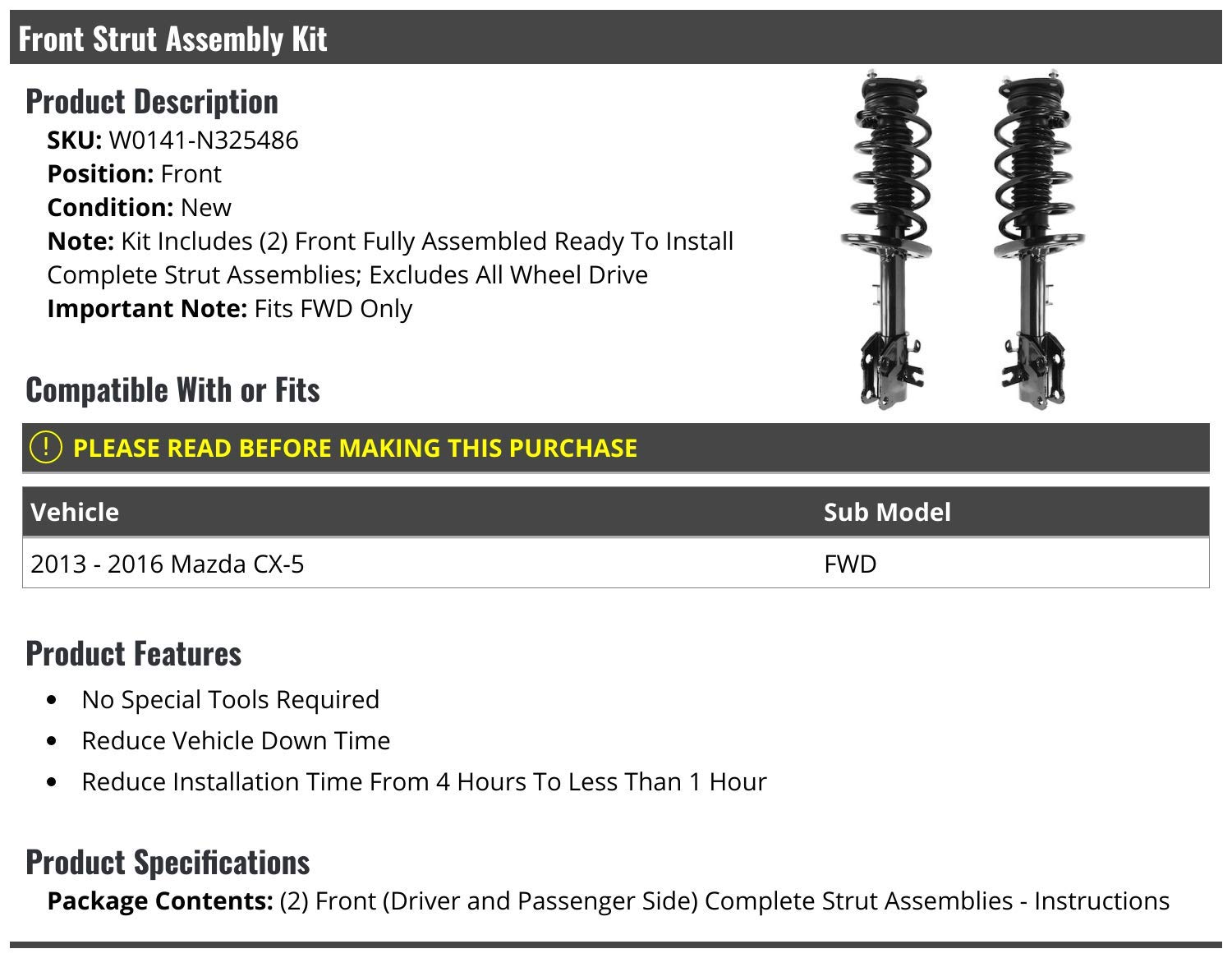 High-Quality Front Strut and Coil Spring Assembly Set of 2 - Compatible with 2013-2016 Mazda CX-5 FWD | Durable Suspension Replacement for Smooth Ride | Perfect for City Driving & Off-Road Adventures