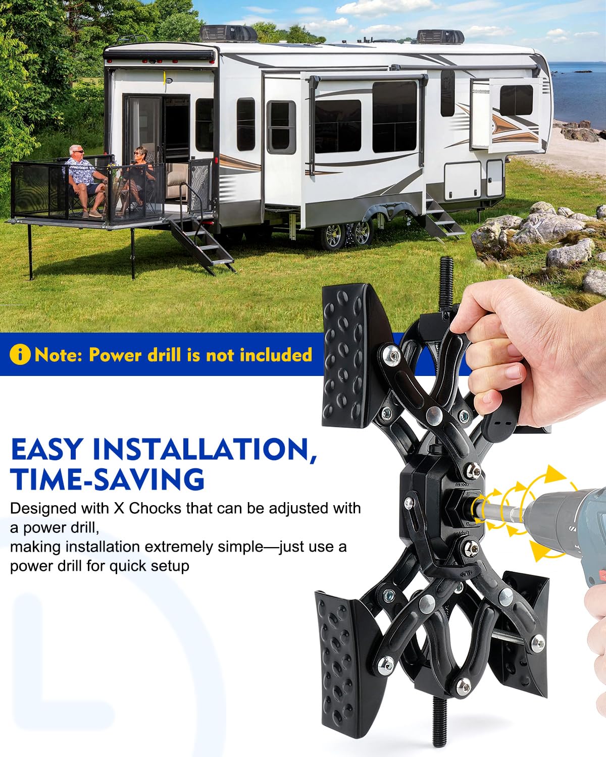Heavy Duty Adjustable X-Shaped Wheel Stabilizer for Travel Trailers & RVs - 2 Pack Black X-Chock with Drill-Free Installation - Perfect for Camping, Road Trips, and Secure Parking