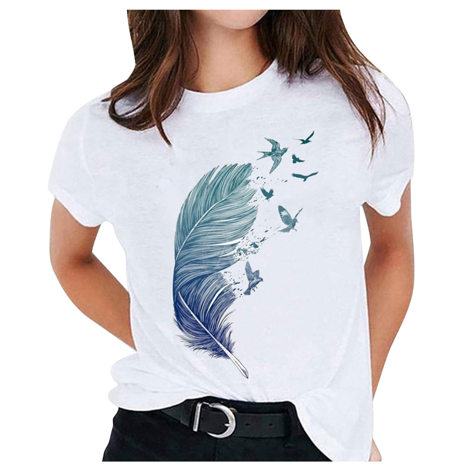 Plus Size Women's Short Sleeve Blouse - Feather Print & Solid Colors for Casual Wear