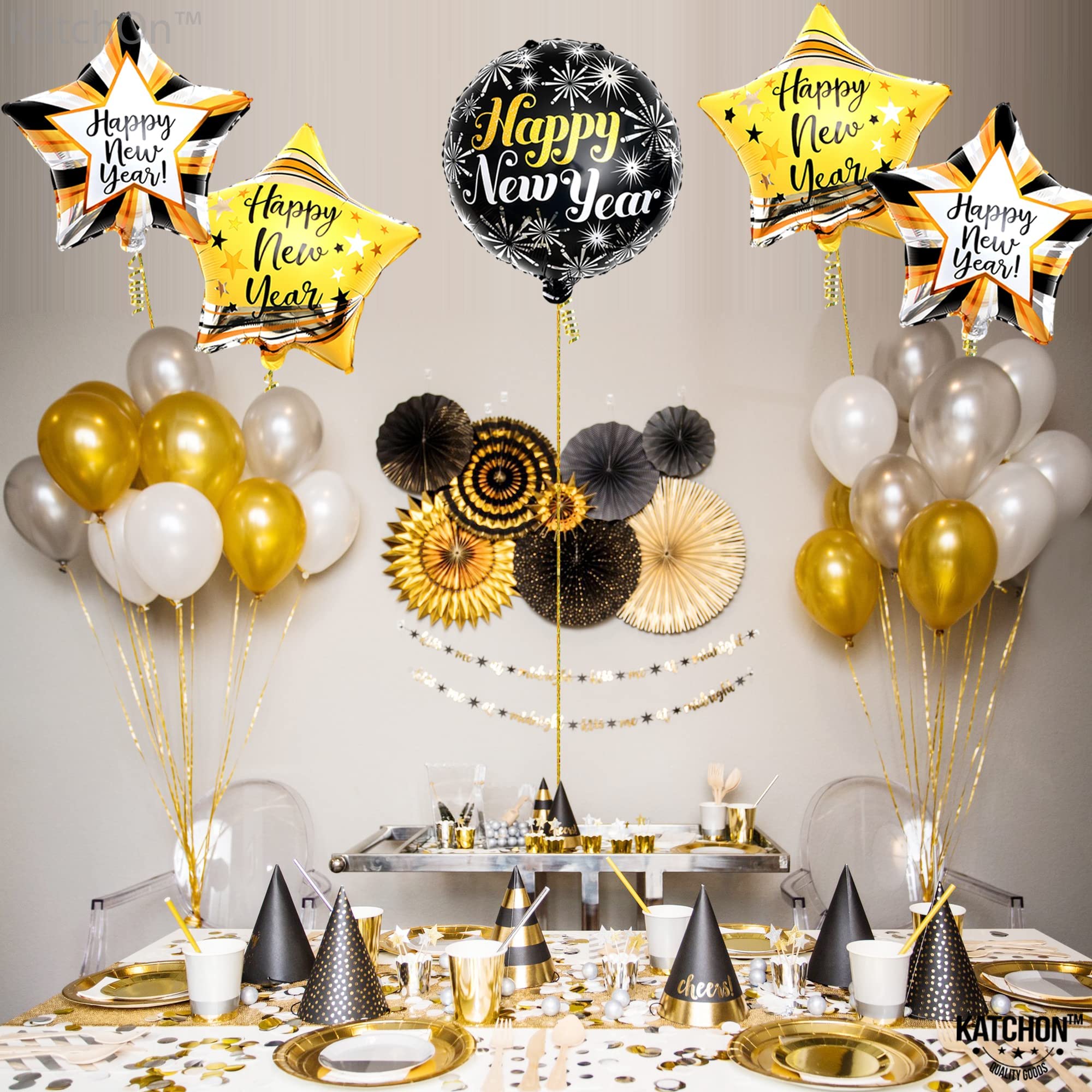 KatchOn Happy New Year Balloons Set - 5 Pack | Shiny 2025 NYE Party Balloons, New Year's Eve Decorations | Foil Balloons for 2025 Celebrations | Perfect for Home, Office & New Year's Eve Party Decorations