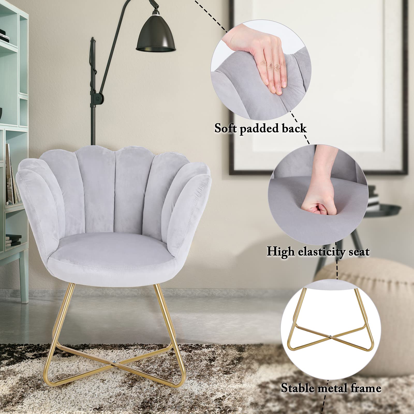 Sophia & William Velvet Accent Chair - Modern Upholstered Mid-Back Leisure Chair with Gold Metal Legs for Living Room, Bedroom, Vanity or Reception Area - Soft Grey Makeup Chair for Home Decor