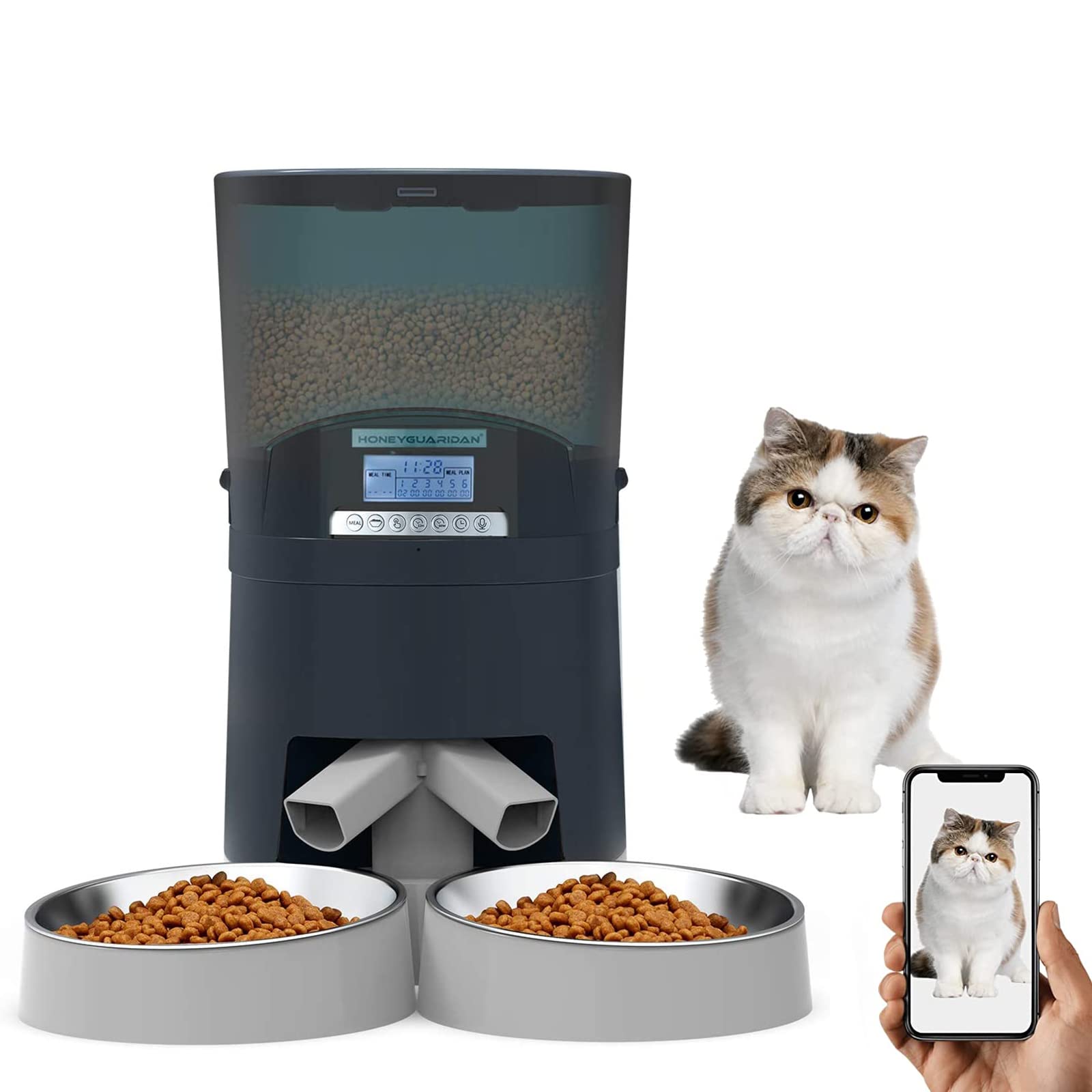 ZZAMG 7L Smart Automatic Pet Feeder - Programmable Timer with Two-Way Splitter Dispenser & 2 Stainless Steel Bowls for Cats & Dogs - Perfect for Travel, Workdays & Multi-Pet Homes