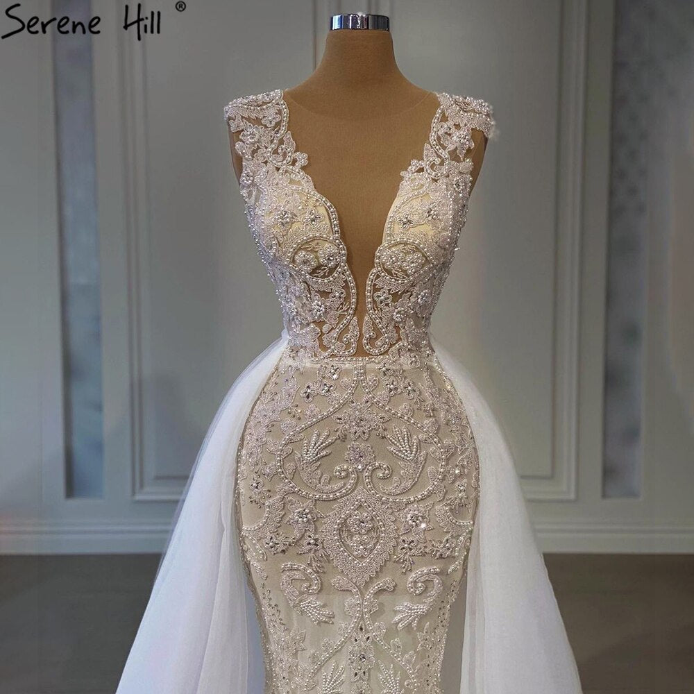 Serene Hill Luxury Ivory Mermaid Evening Dress 2025 - Elegant Beaded Formal Gown with Train LA71109 for Prom, Wedding & Red Carpet Events
