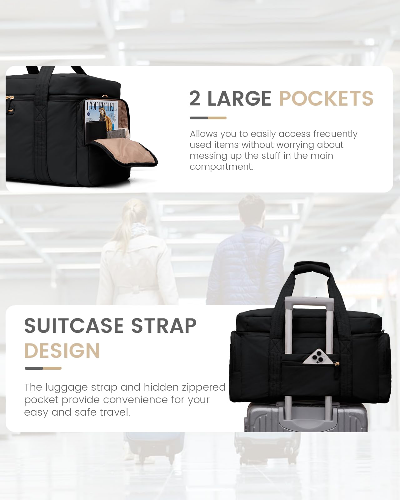 LOVEVOOK Women's Puffer Weekender Duffle Bag - 3-Piece Set with Toiletry Bag & Wet Pocket - Perfect for Travel, Gym, Yoga, Hospital & Airplane Carry-On (Black) | Ideal for Weekend Getaways, Workouts & Maternity Hospital Stays