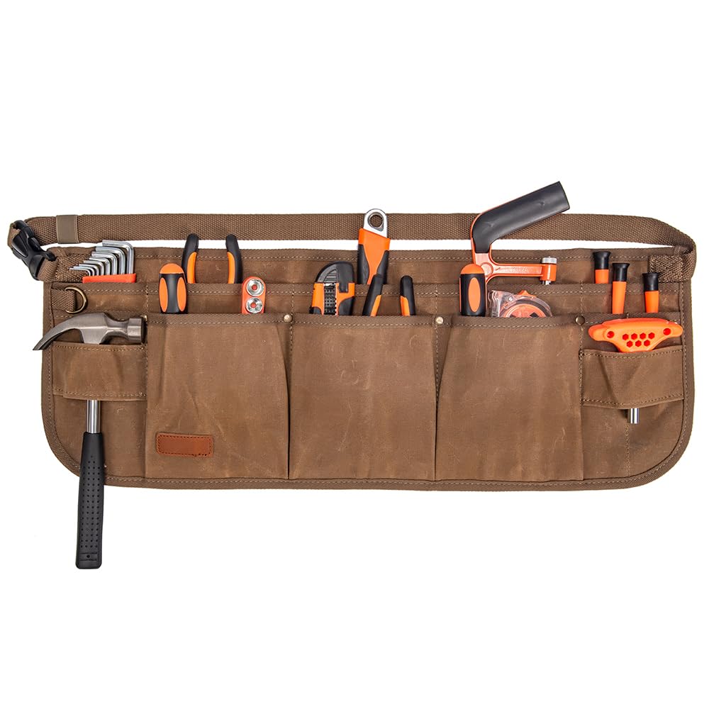 Heavy Duty Waxed Canvas Tool Belt with 10 Pockets & 2 Hammer Loops - Adjustable Waist Apron for Carpenters, Electricians & DIY Projects - Perfect for Construction, Woodworking & Home Renovation (Khaki)