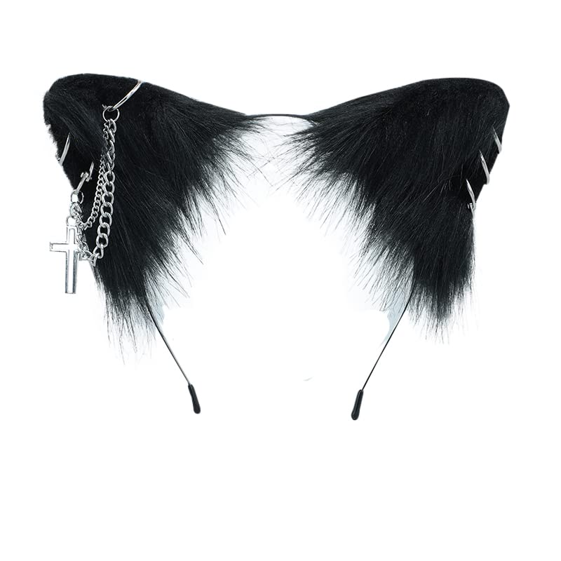 Gothic Punk Cat Ears Headband - Black Cross Cat Ear Hair Clips for Women | Perfect for Halloween Costumes, Cosplay, Gothic Fashion & Punk Parties