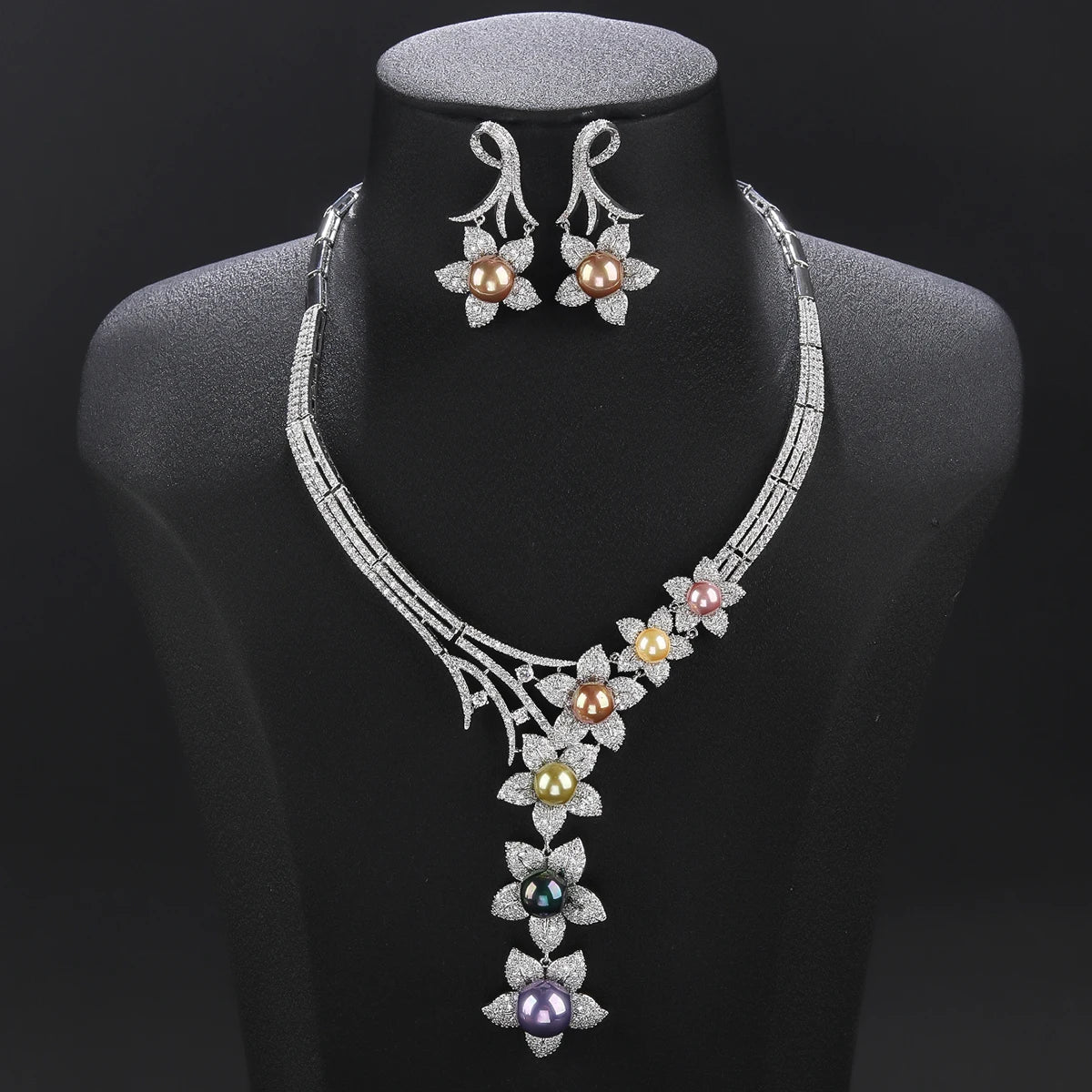 Luxury 2-Piece Cubic Zirconia Pearl Flower Necklace & Earrings Set for Women - Elegant Wedding, Party & Evening Jewelry - Perfect for Bridal, Prom & Special Occasions
