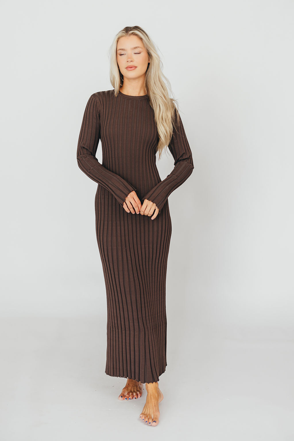 Colette Premium Long Sleeve Ribbed Knit Maxi Dress - Brown Maternity Dress for Pregnancy | Bump Friendly, Comfortable & Stylish for Casual Outings, Date Nights & Special Occasions