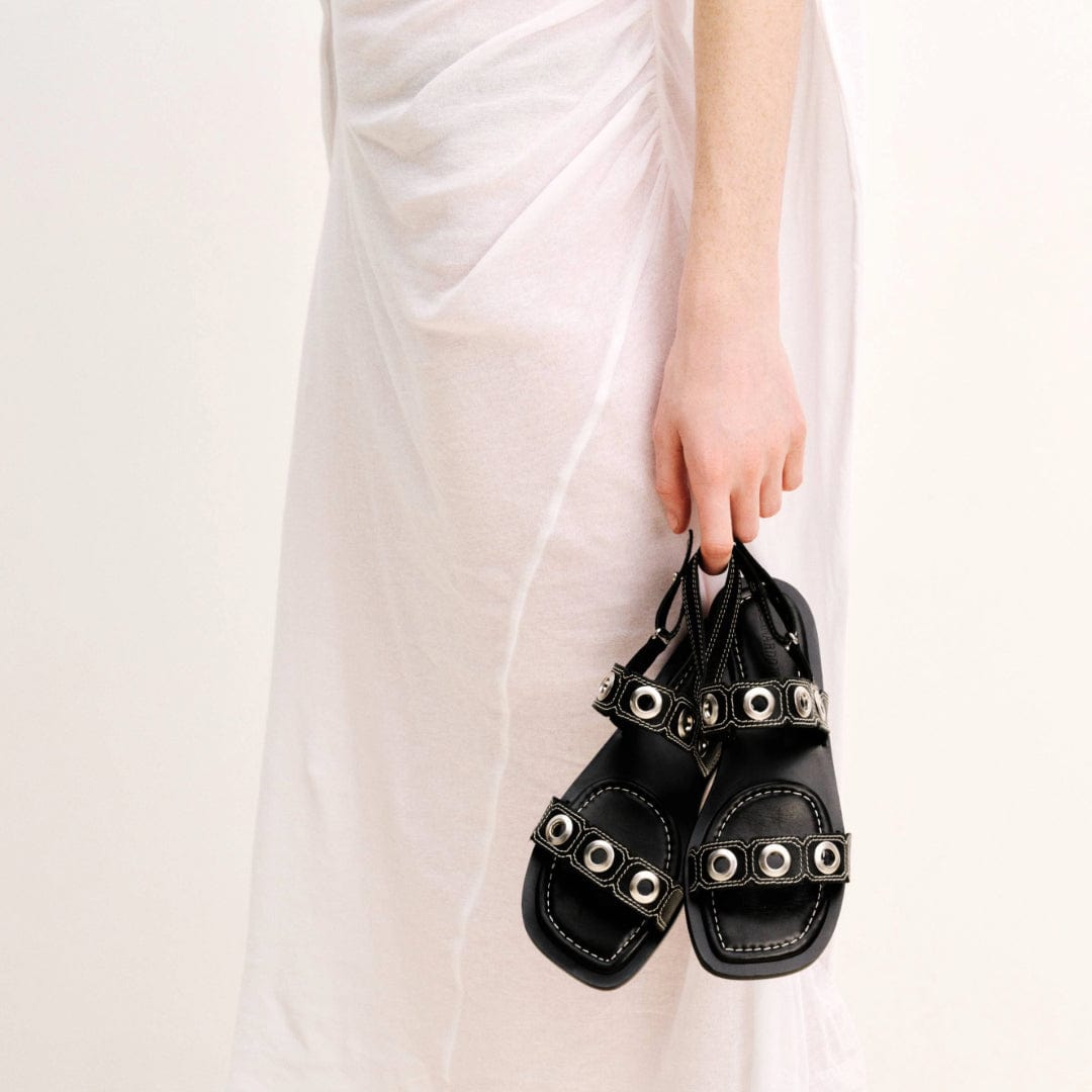 Acro Eyelet Sandal Black - Women's Comfortable Strappy Summer Sandals for Beach, Vacation & Casual Outings