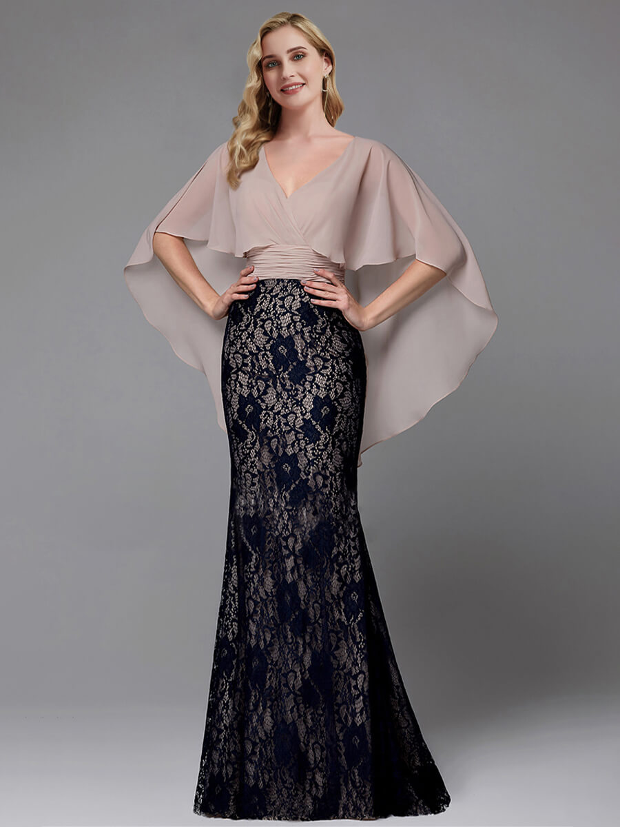 Elegant Black Taupe Lace Drape Shawl Sleeve V-Neck Floor Length Mermaid Mother of the Bride Dress - Perfect for Weddings, Formal Events & Special Occasions