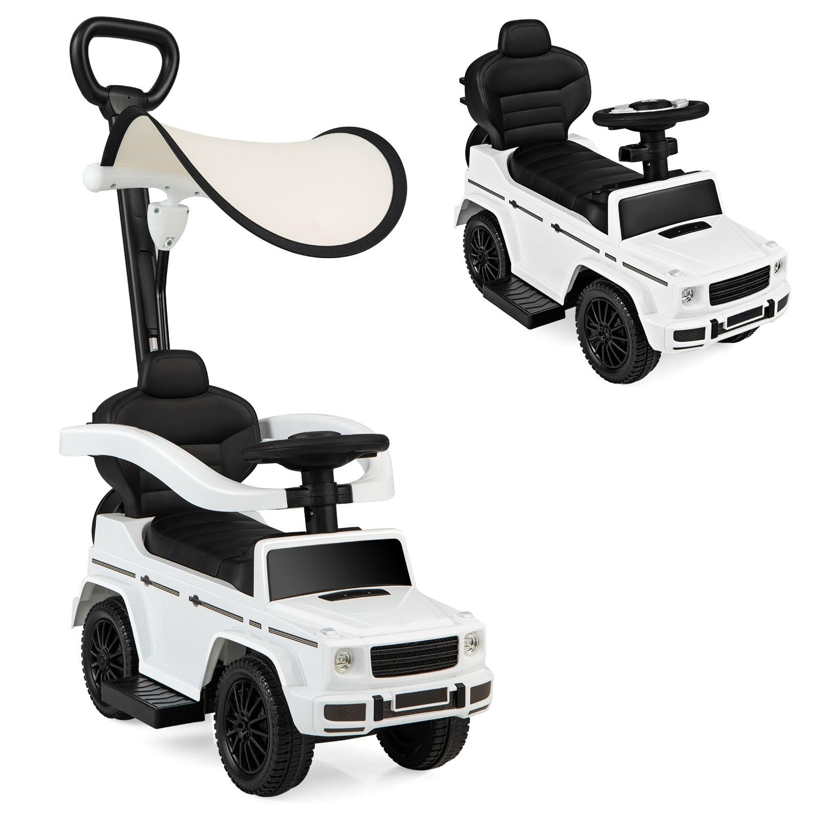 Nightcore Push Car for Toddlers - Ride On Toy with Removable Canopy, Anti-Tipping Design & Engine Sound - Safe Baby Walker with Retractable Footrest & Guardrail - Perfect Indoor/Outdoor Play for Boys & Girls (White) - Great for Birthday Gifts, Backyard Fun & Preschool Learning Activities