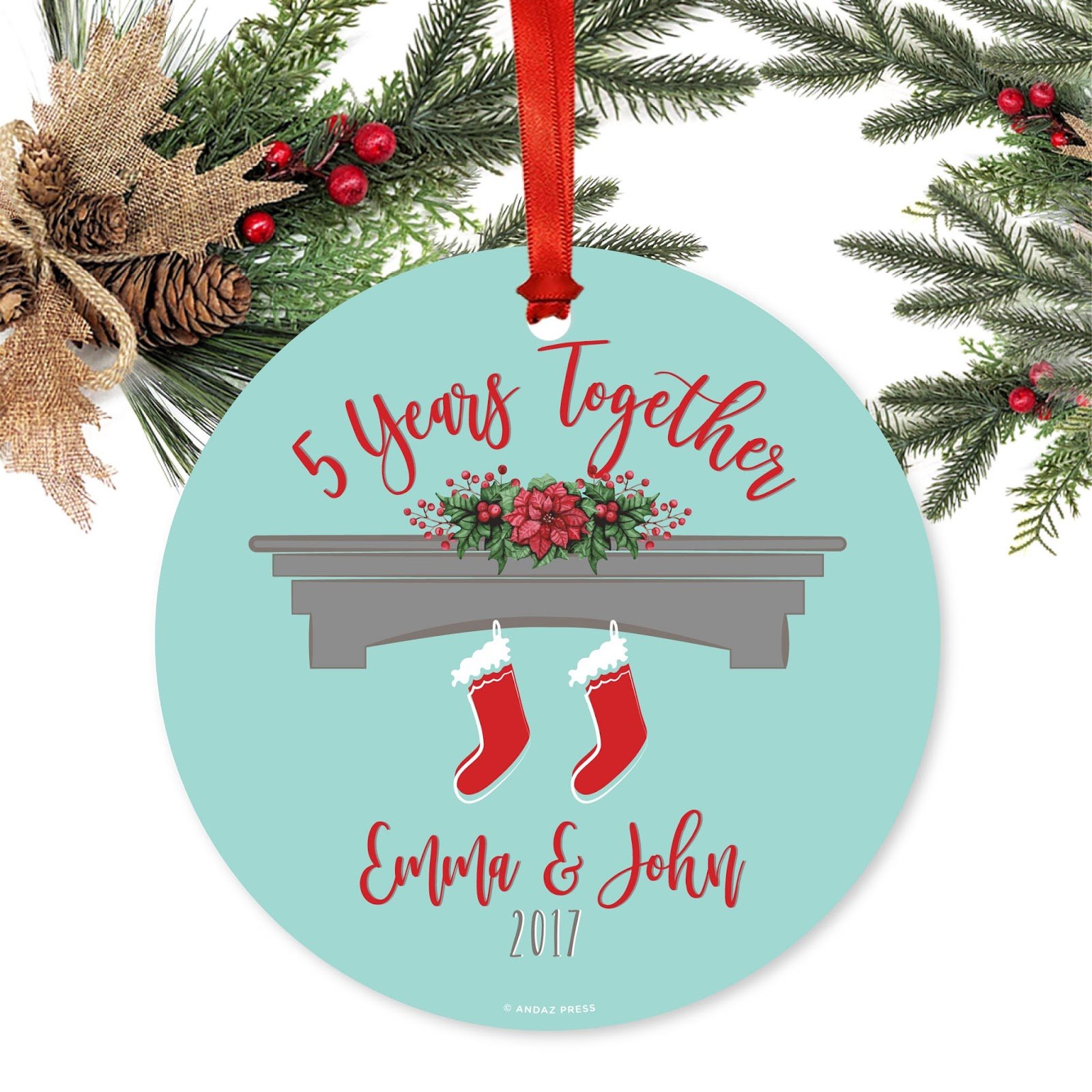 Personalized 5th Wedding Anniversary Metal Christmas Ornament - Custom Engraved 