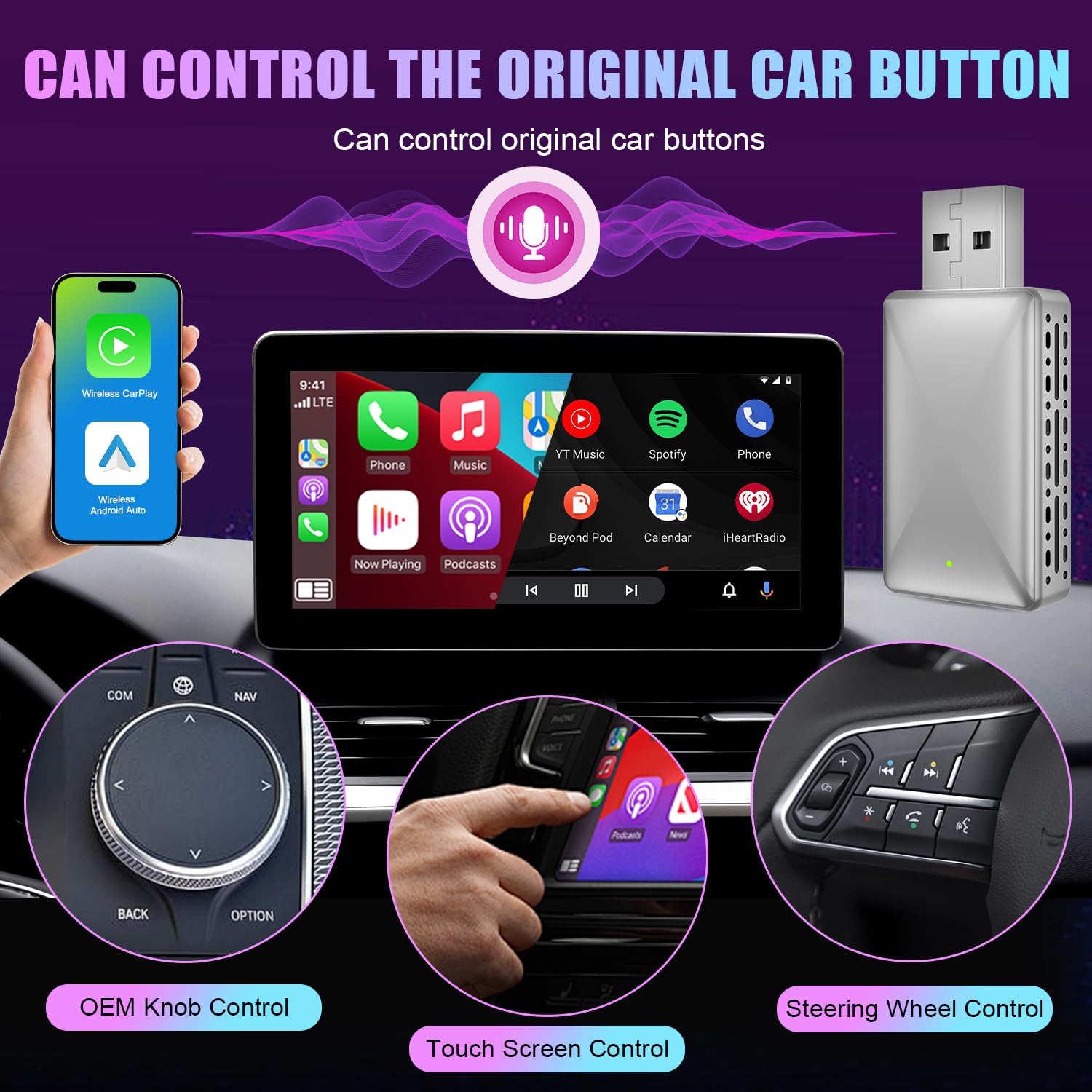 2 in 1 Wireless CarPlay & Android Auto Adapter - Convert Wired to Wireless for iPhone iOS 10+/Android 11+ - Compatible with OEM Cars 2016+ (Silver Gray) - Perfect for Hands-Free Driving & Seamless Music Streaming