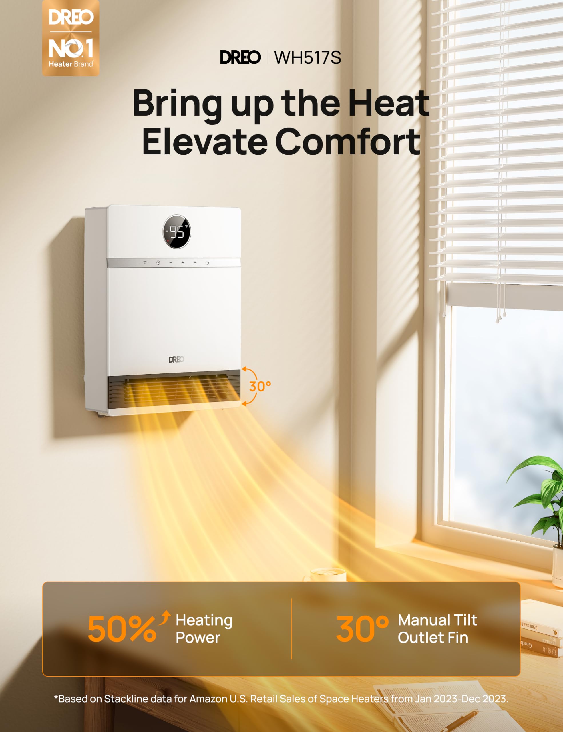 Dreo Smart Wall Heater with Remote Control - 1500W Electric PTC Space Heater for Indoor Use, IP24 Safe, 30° Oscillation, Adjustable Thermostat, Alexa Compatible, 24H Timer - Perfect for Bedroom, Office, and Home Heating - Easy Mount & Energy Efficient