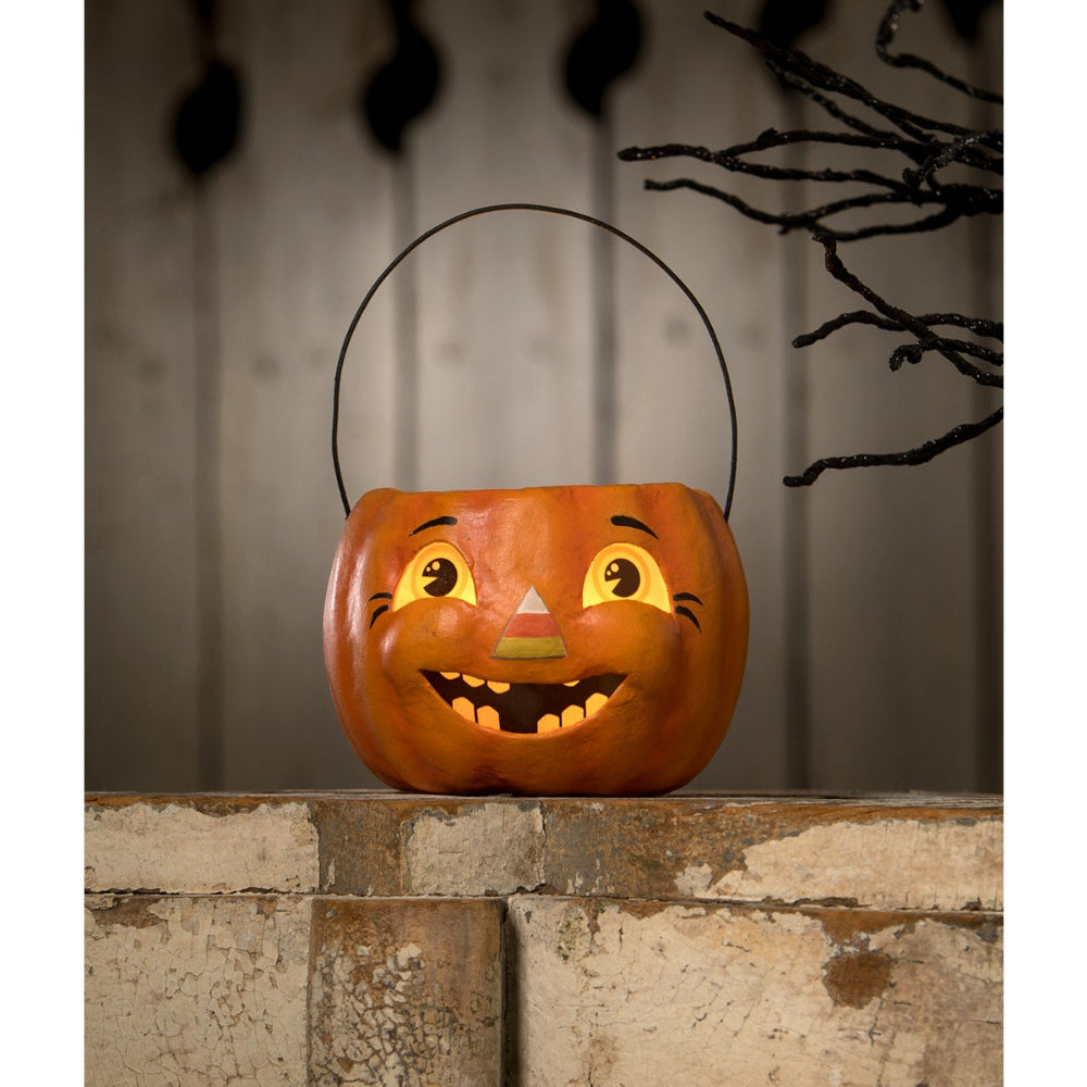 Bethany Lowe Designs Happy Candy Corn Pumpkin Bucket - Handcrafted Paper Mache Halloween Decor for Home, Party & Fall Festival Decorations