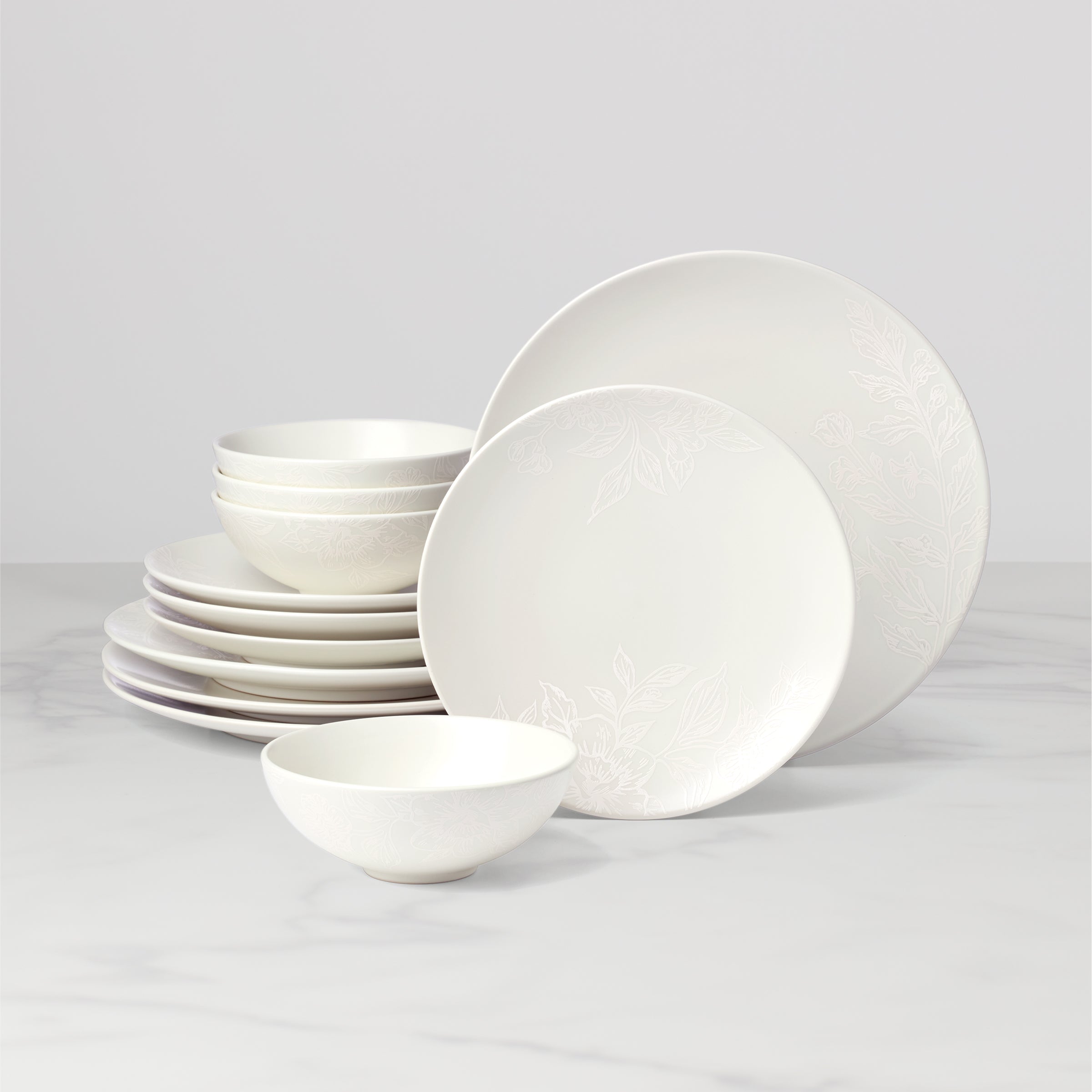 Roseto White 12-Piece Dinnerware Set - Porcelain Dinner Plates, Salad Plates & Bowls - Elegant Tableware for Everyday Dining & Entertaining
