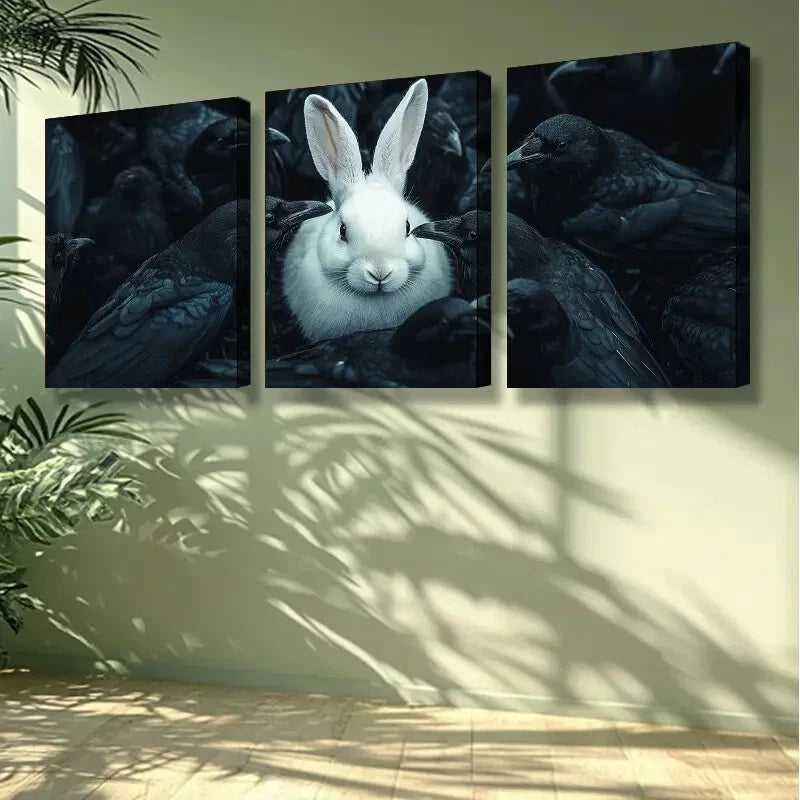 3-Piece White Rabbit and Crow Wall Art Set - Framed Canvas 40x60cm - High Quality Print - 100% Australian Made - Ready to Hang - Perfect for Living Room, Bedroom or Office Decor