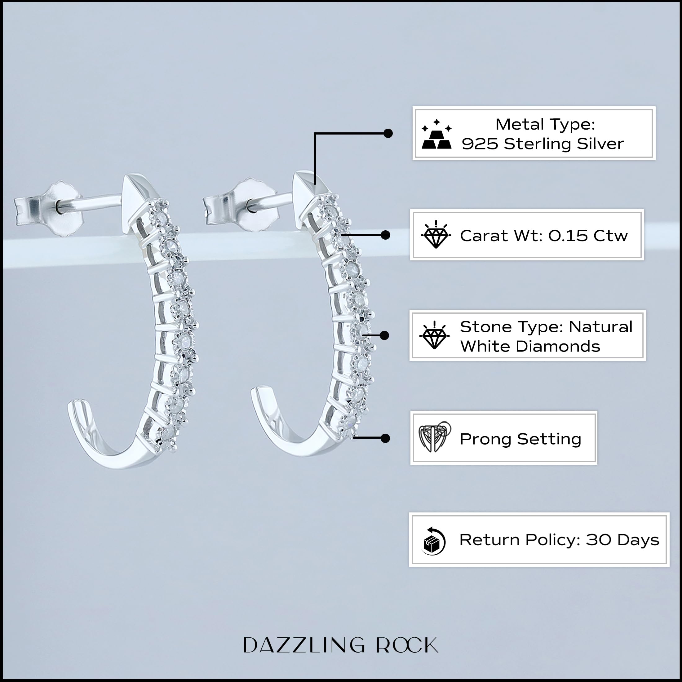 Dazzlingrock 0.15ct Round Diamond J Hoop Earrings for Women - 925 Sterling Silver Jewelry - Perfect for Weddings, Anniversaries & Special Occasions
