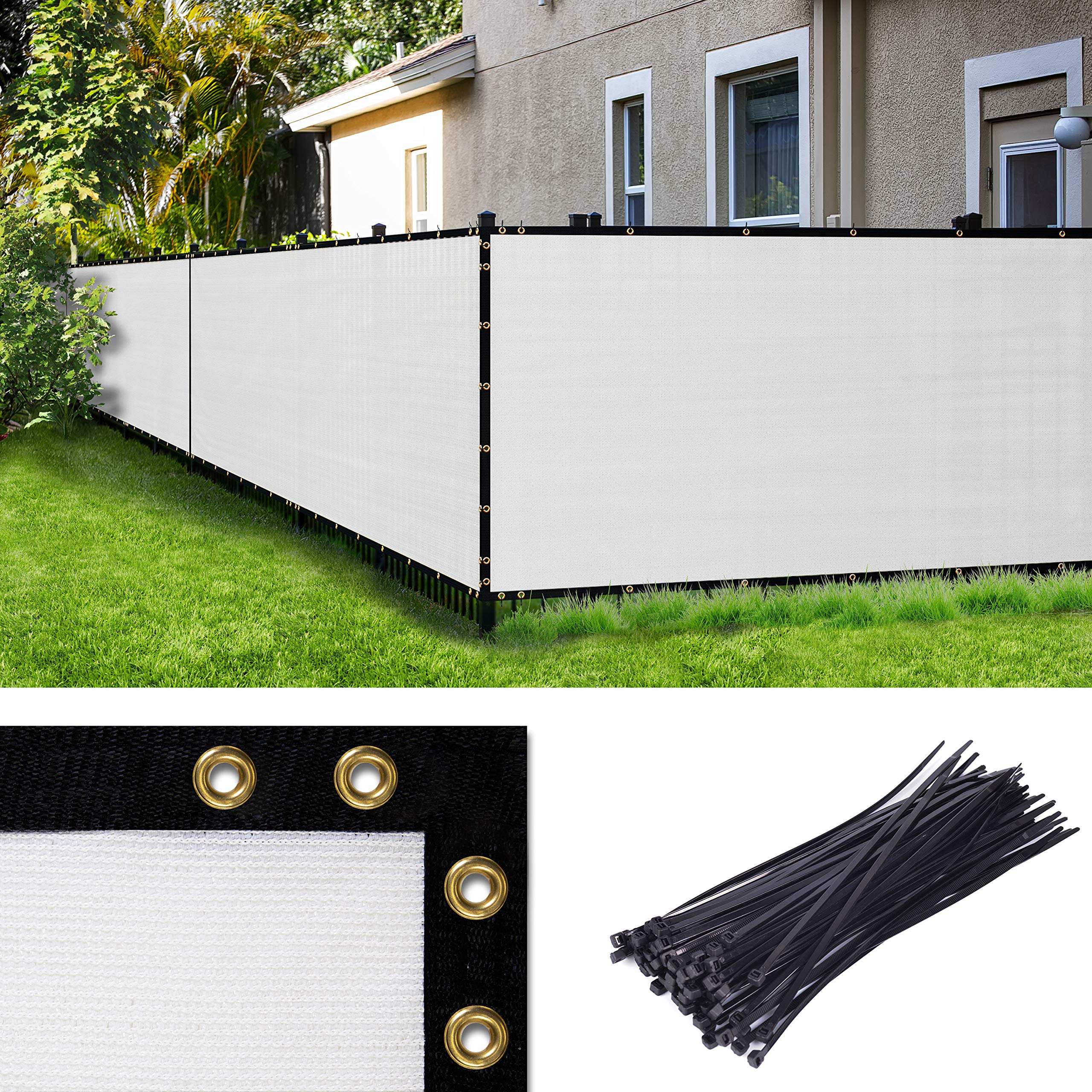 AMGO 3' x 138' Heavy Duty White Privacy Fence Screen with Grommets & Bindings - 90% UV Block Wind Barrier for Backyard, Pool, Garden & Commercial Use | Includes Cable Zip Ties | Custom Sizes Available
