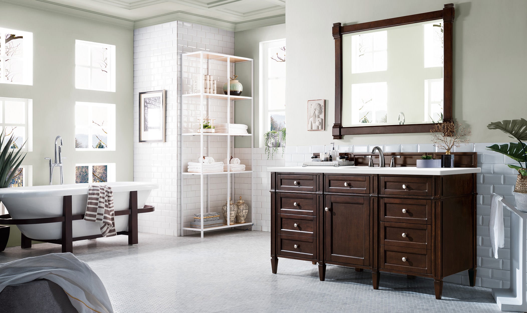 Brittany 60-Inch Burnished Mahogany Bathroom Vanity with 3CM Classic White Quartz Countertop - Perfect for Master Bathroom & Powder Room Remodeling