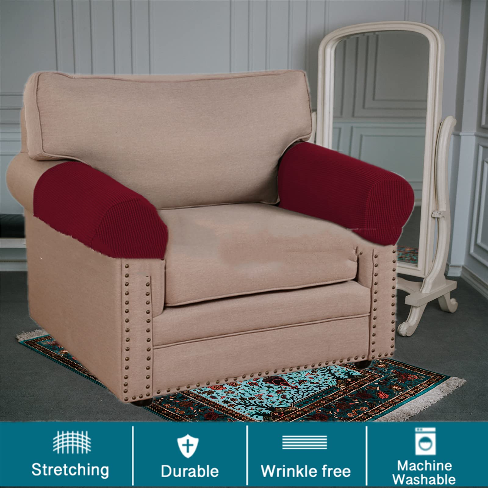 Stretch Spandex Armrest Covers for Chairs, Sofas & Recliners - 2 Pack Burgundy Slipcovers - Perfect for Living Room, Office & Home Theater Furniture Protection